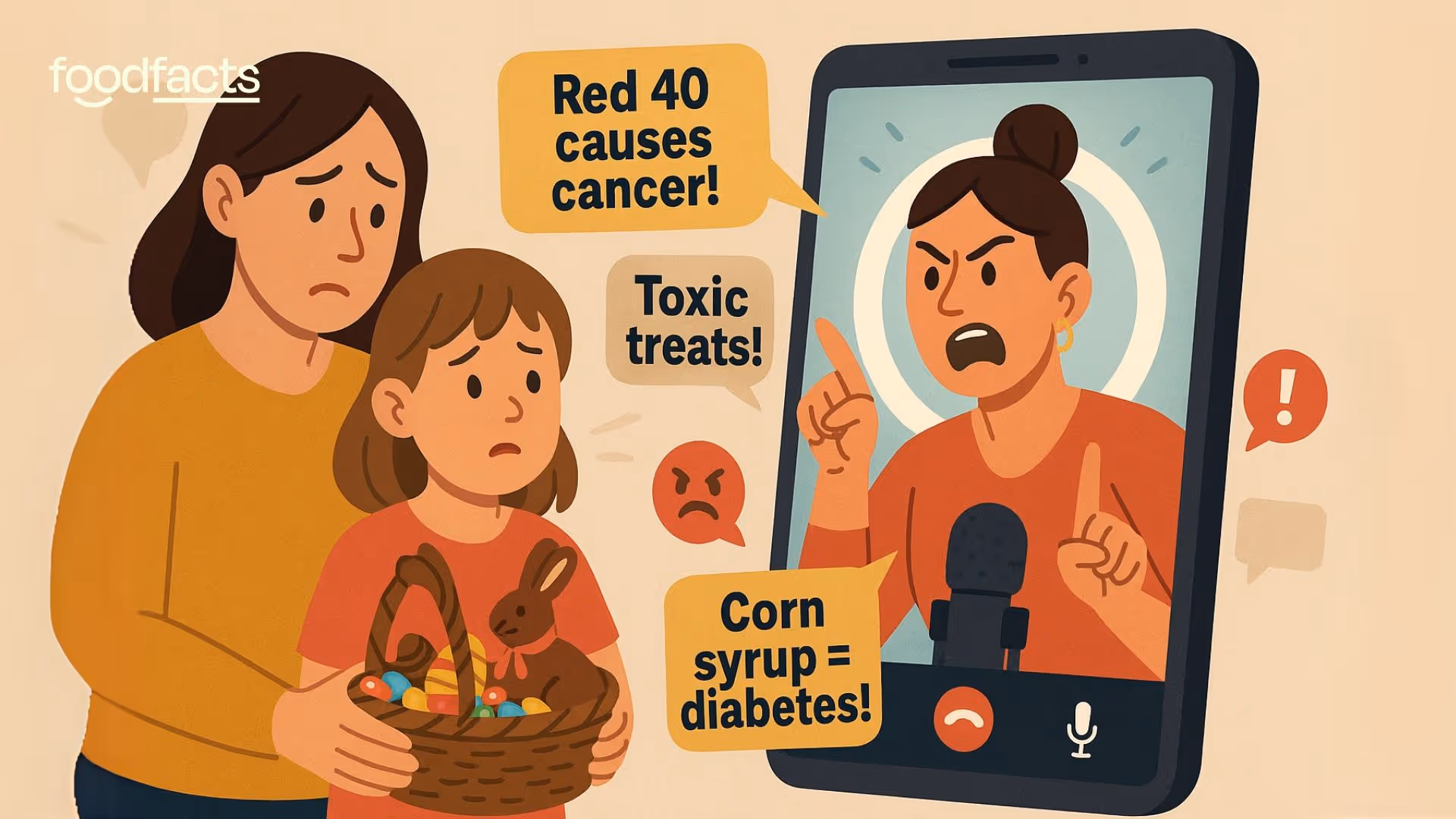 A mother and child are being told by an influencer to not eat Easter candy. This represents a trend of health influencers spreading fear about ingredients present in candy.