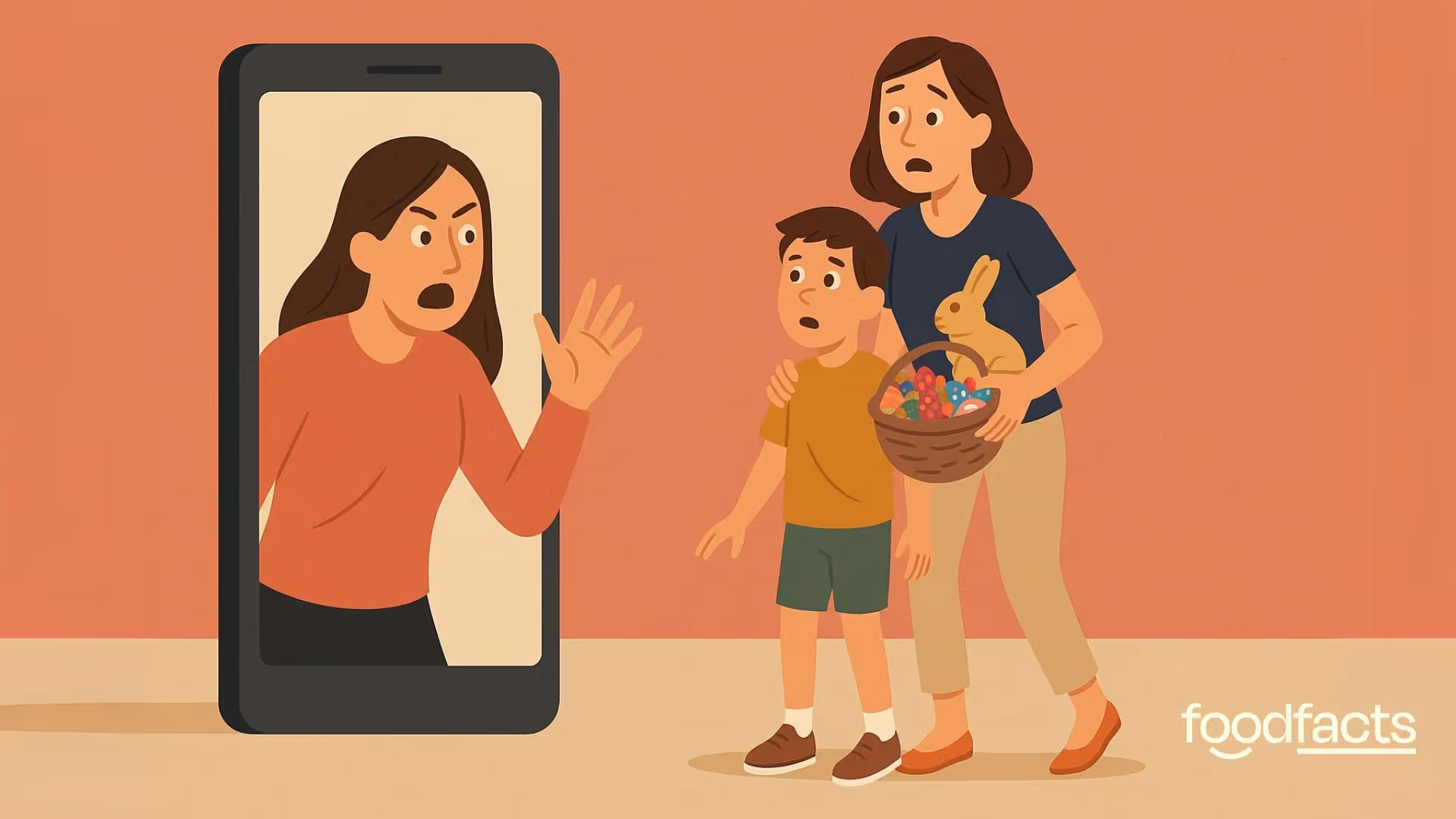 A mother and child are being told by an influencer to not eat Easter candy. This represents a trend of health influencers spreading fear about ingredients present in candy.