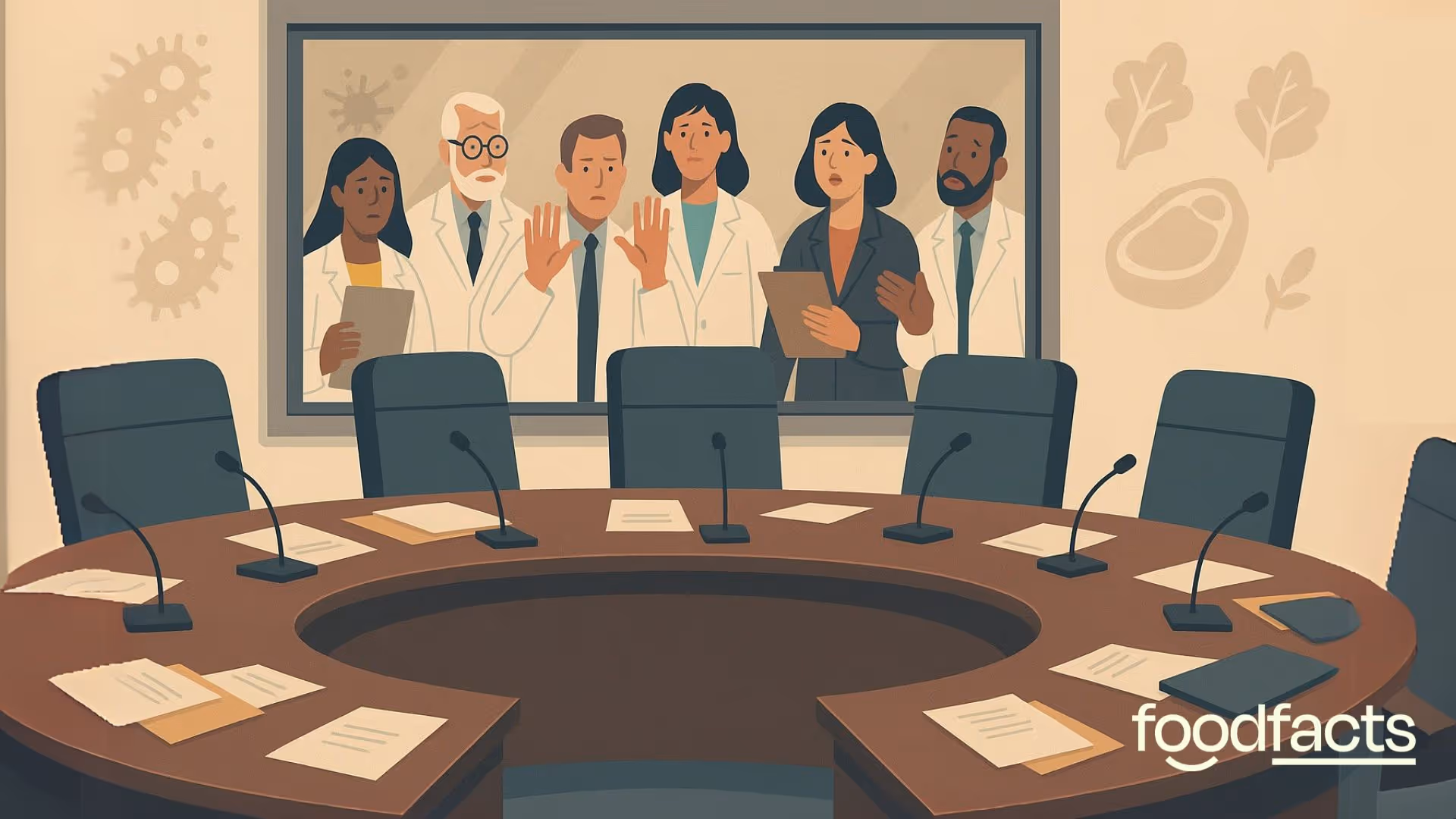 Illustration of a concerned group of scientists and experts standing behind a glass wall, looking into an empty boardroom with microphones and scattered papers. A sign on the roundtable reads "DISBANDED – Food Safety Advisory Committee." This image illustrates the article’s focus on the dissolution of key food safety committees in the U.S., raising concerns about reduced oversight and transparency in decisions affecting public health.