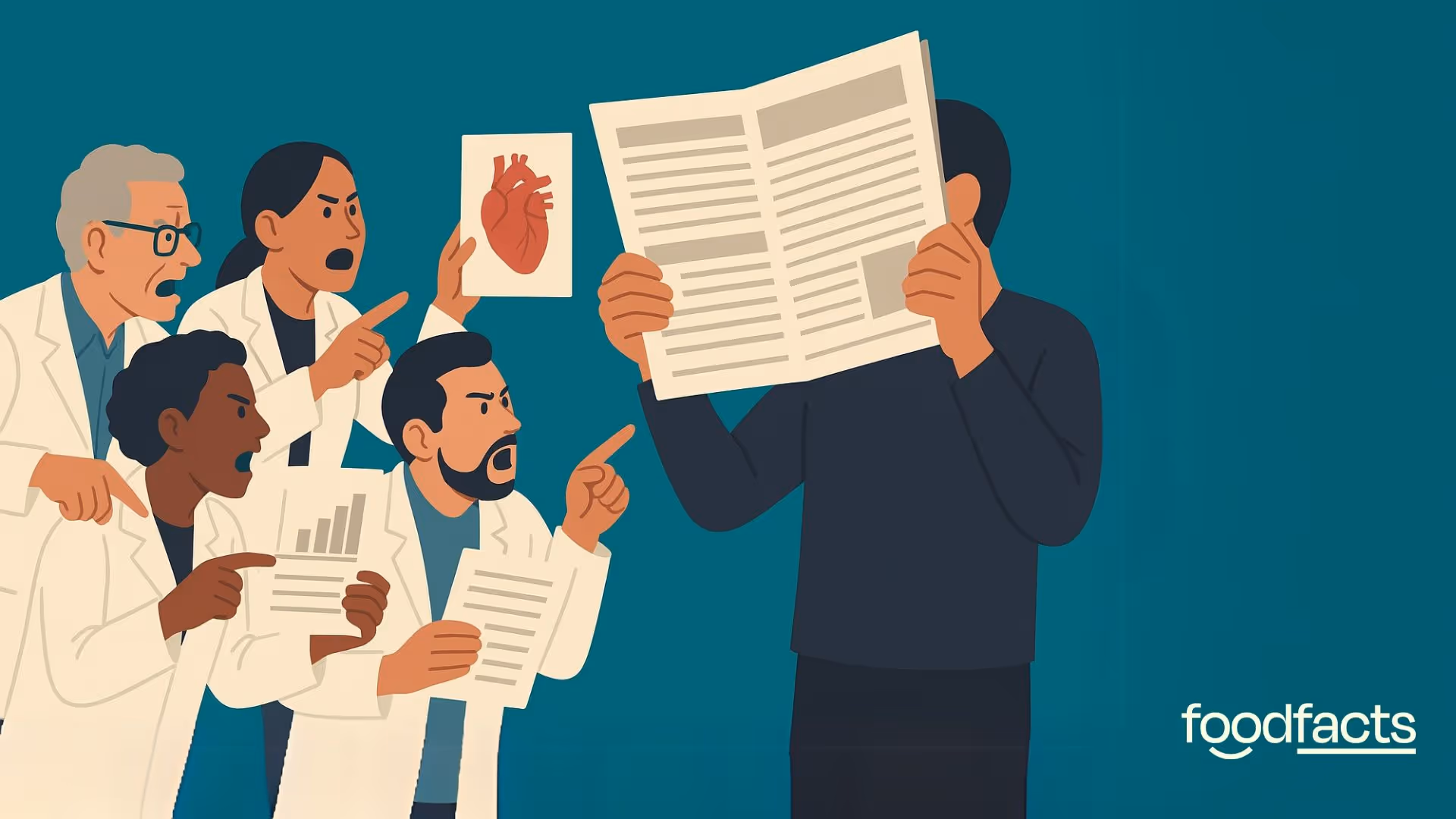 A flat-style editorial illustration shows four diverse scientists—two men and two women of various races and ages—in lab coats animatedly confronting a person holding a newspaper up like a shield. The scientists gesture urgently toward medical diagrams and data charts, expressing frustration. The newspaper-holder stands firm, face hidden, ignoring their arguments. The background is a clean teal color, keeping the focus on the tension between evidence and misinformation.