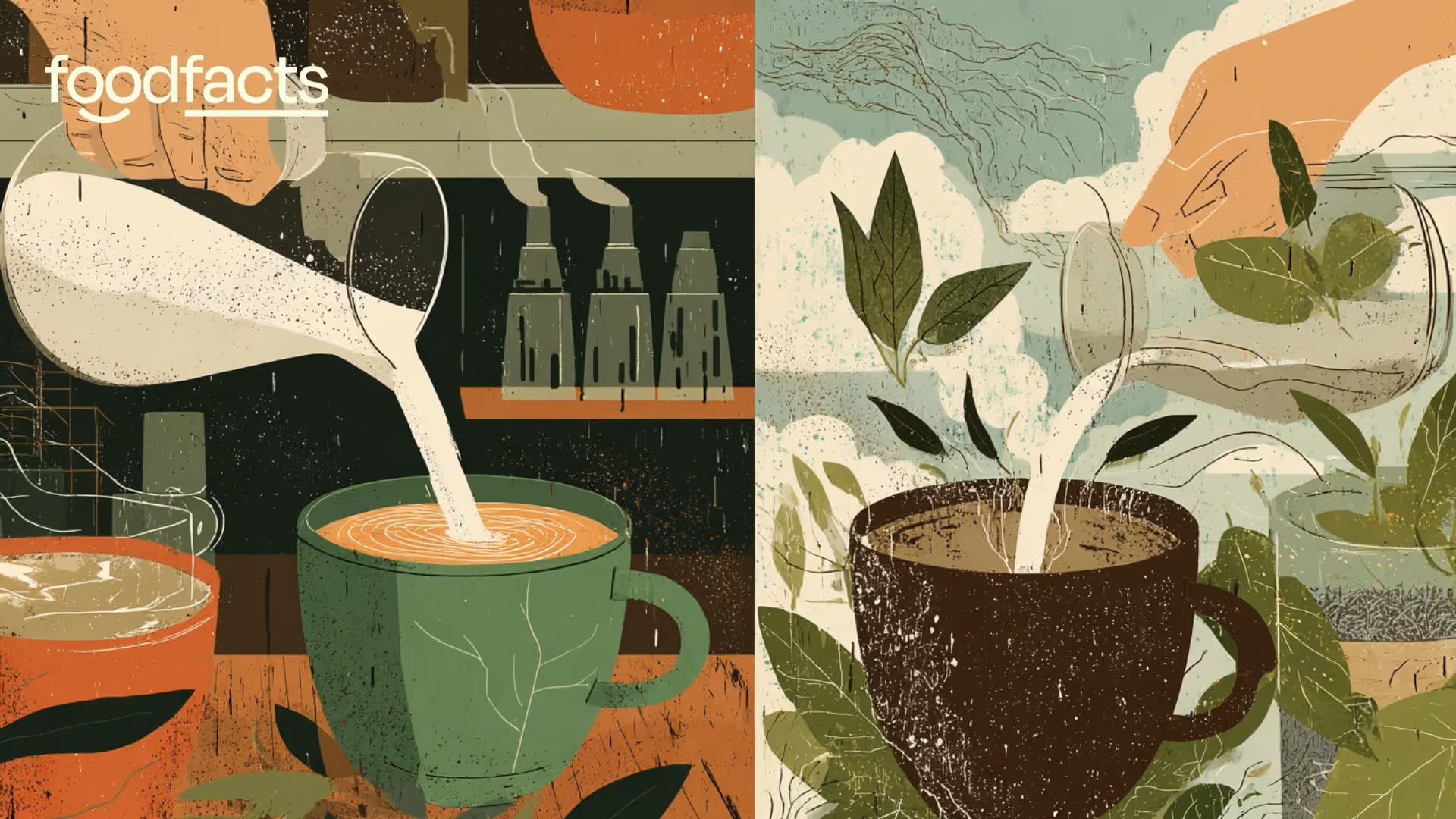 An illustrated image of a young woman standing in a coffee shop, holds a cup of coffee in both hands, one with dairy milk, the other with plant-based milk. 