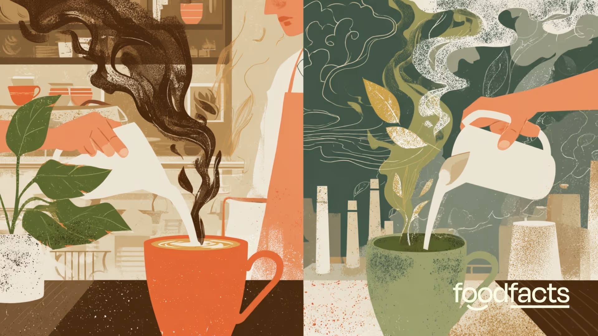 An illustrated image of a young woman standing in a coffee shop, holds a cup of coffee in both hands, one with dairy milk, the other with plant-based milk.