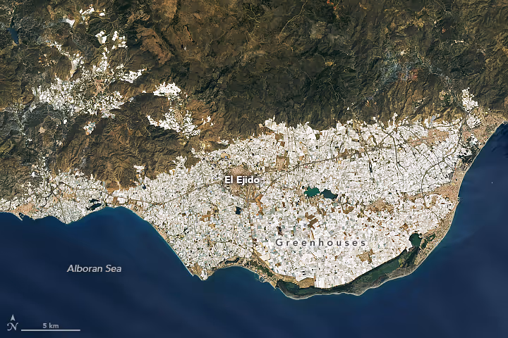 A satellite image shows a section of Spain. The top part is green, while the bottom part is white. The white colour is due to the abundance of greenhouses in that region.