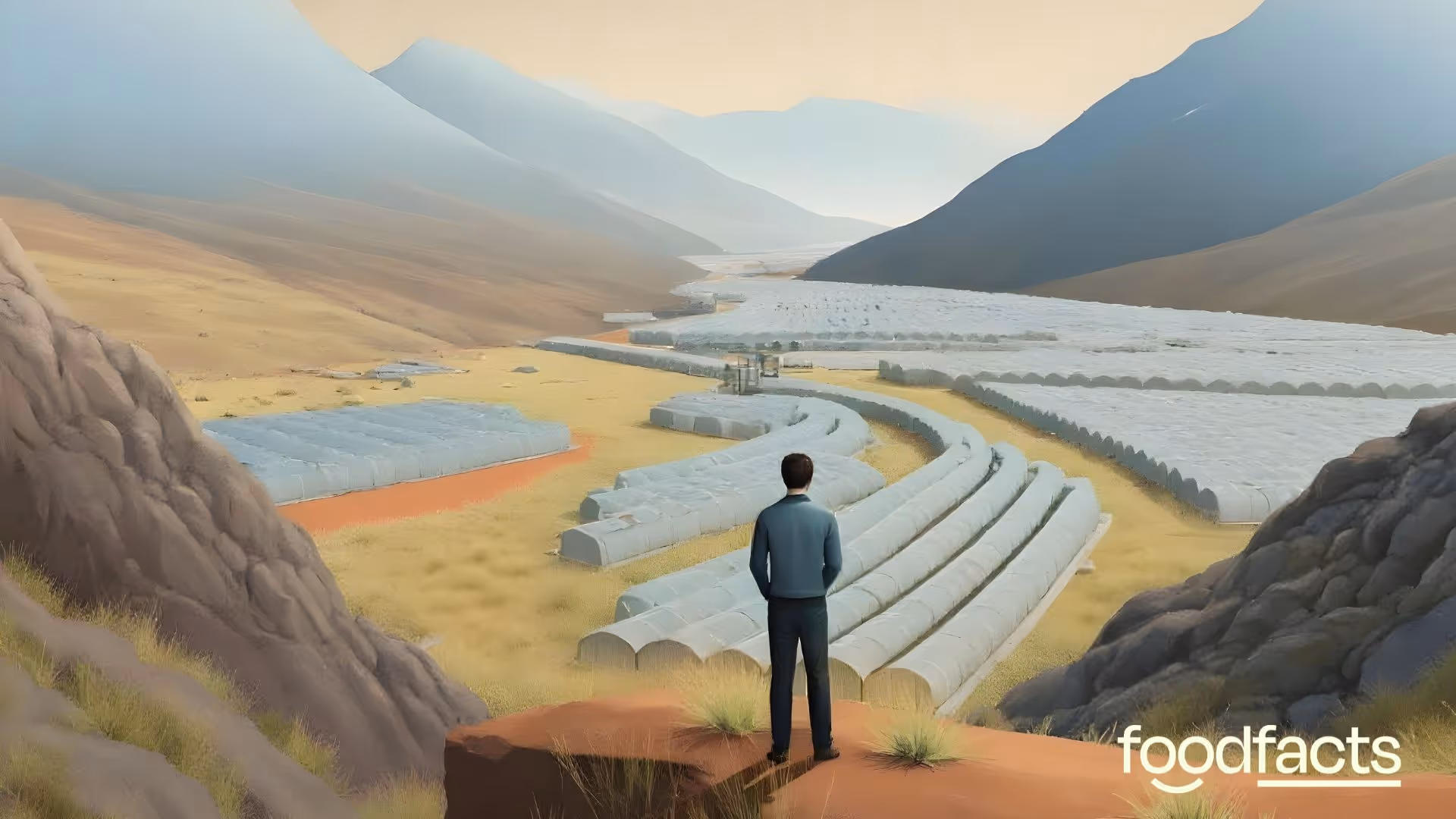 A person looks over a valley filled with greenhouses. This represents the issue of mass horticulture in southern Spain.