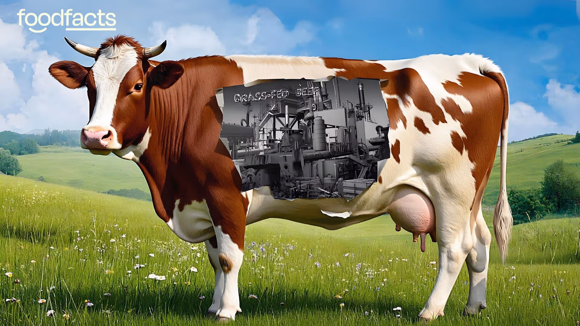 A cow looks at the camera and is in a farm setting. The cow is eating grass, despite being kept indoors and not out on pasture. This highlights the issues with the "grass-fed" label.