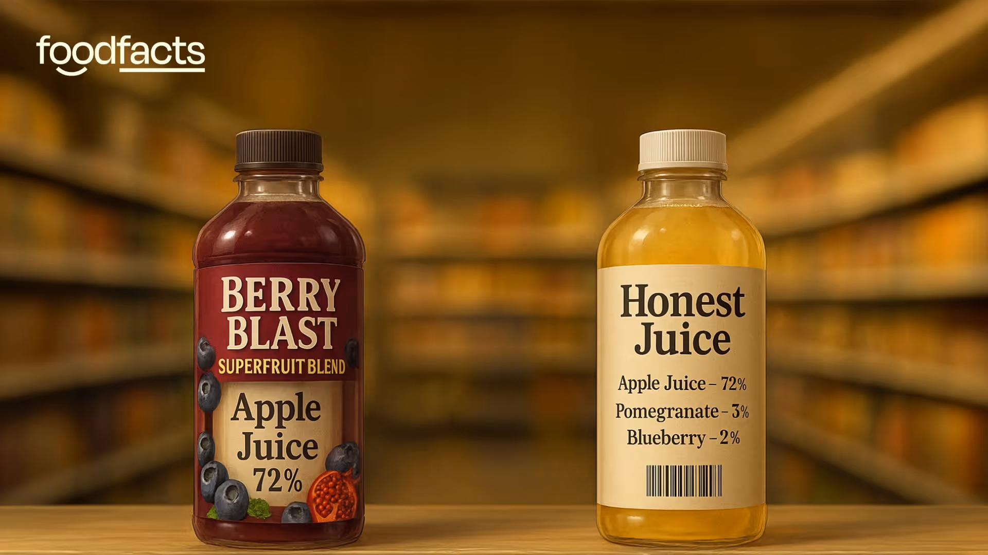 An image shows two bottles of processed juice. The image conveys the message that many modern juice brands hide the fact that apple juice is the main ingredient