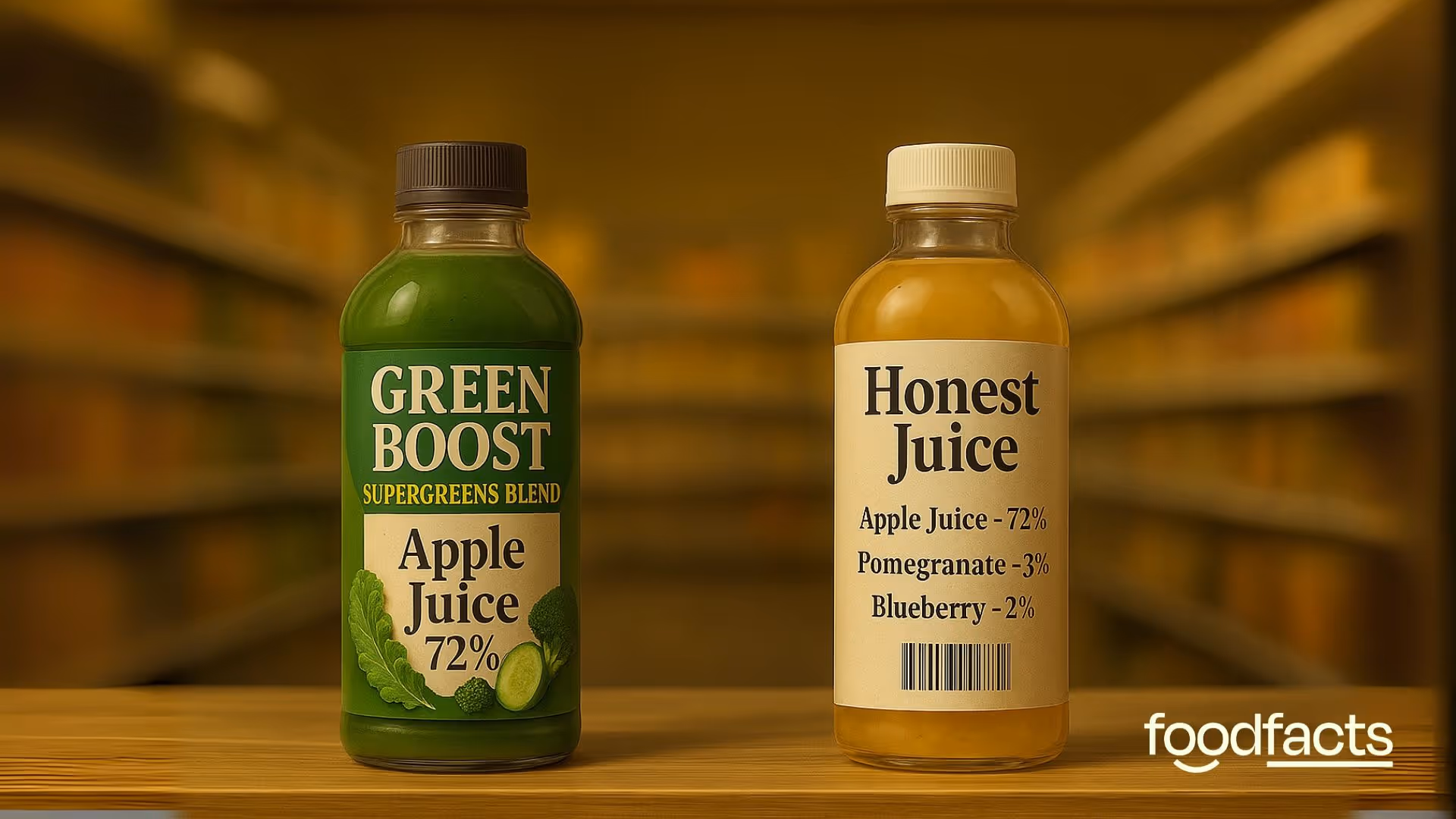 An image shows two bottles of processed juice. The image conveys the message that many modern juice brands hide the fact that apple juice is the main ingredient