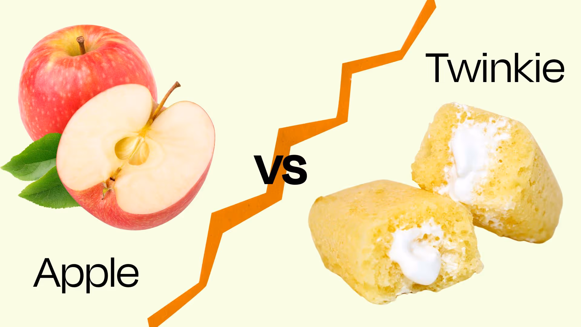 A graphic showing an apple on the left, contasted against a twinkie on the right