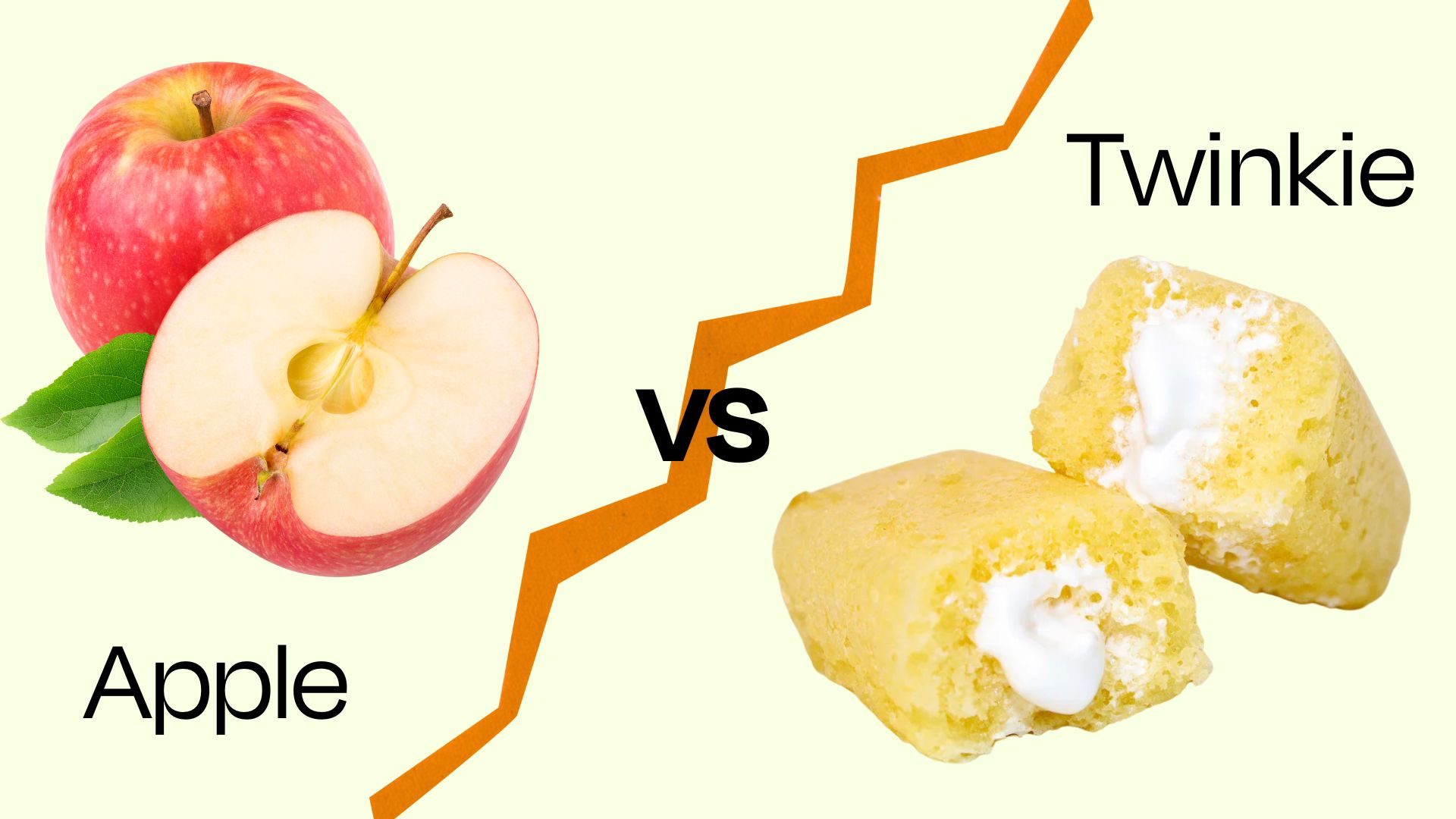 A graphic showing an apple on the left, contasted against a twinkie on the right