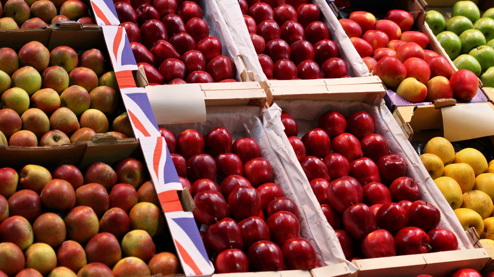 Different varieties of apples are on a store shelf