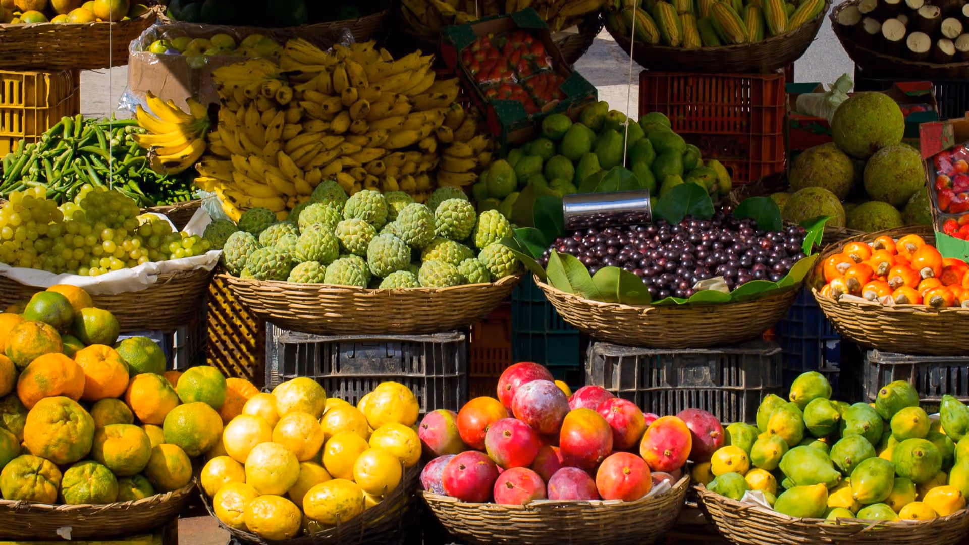 A range of exotic fruit can be seen in a market stall