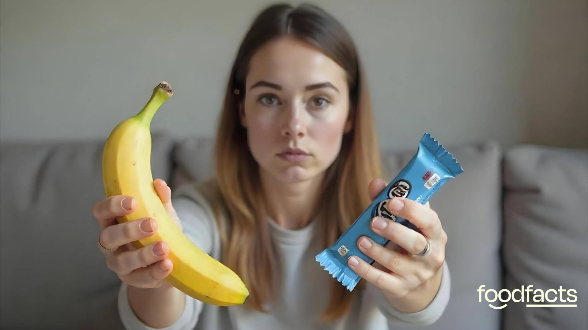 A person sits on a couch facing the camera. In one hand, they hold a banana, and in the other hand they hold a candy bar. This represents the conflicting information that eating fruit is as unhealthy as eating candy.