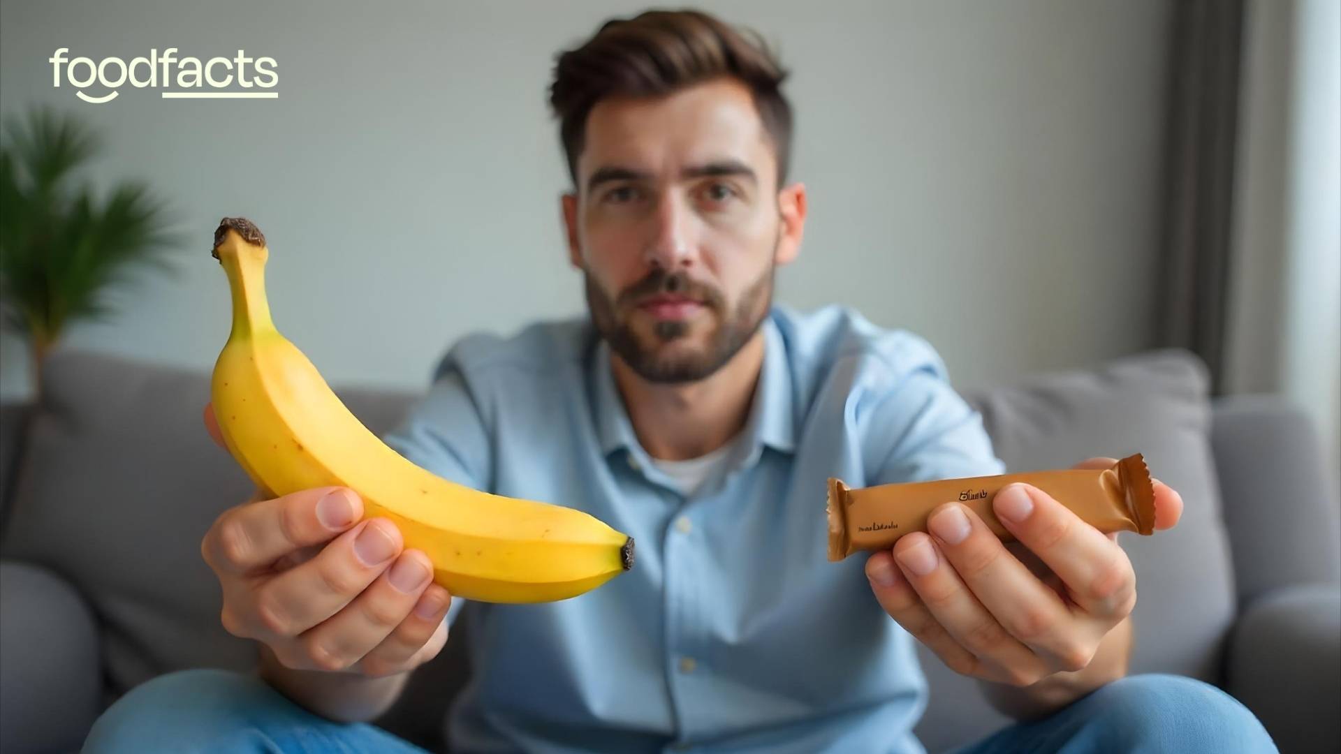 A person sits on a couch facing the camera. In one hand, they hold a banana, and in the other hand they hold a candy bar. This represents the conflicting information that eating fruit is as unhealthy as eating candy.