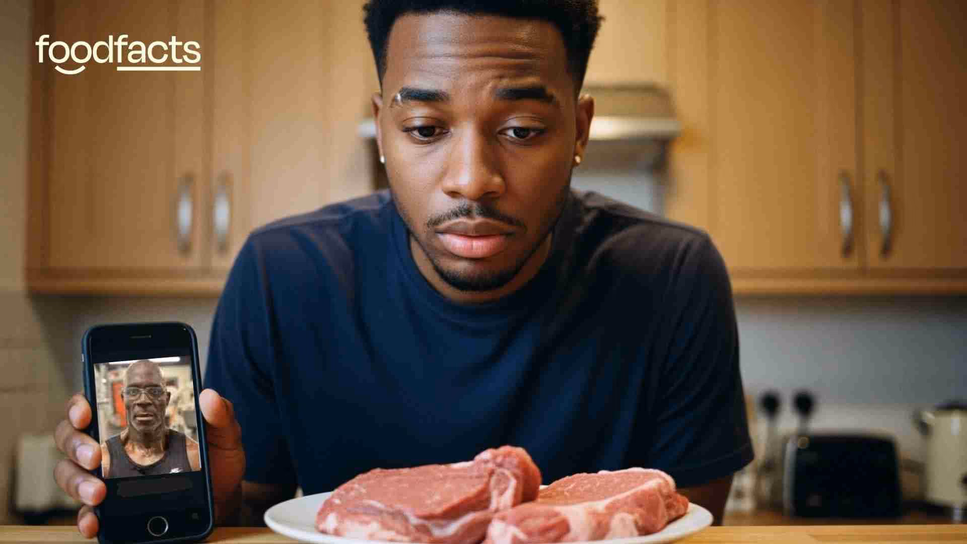 A young man stares at a plate of red meat, he has been told by Eddie Abbew on social media that eating raw meat is good for him, but he is unsure. 