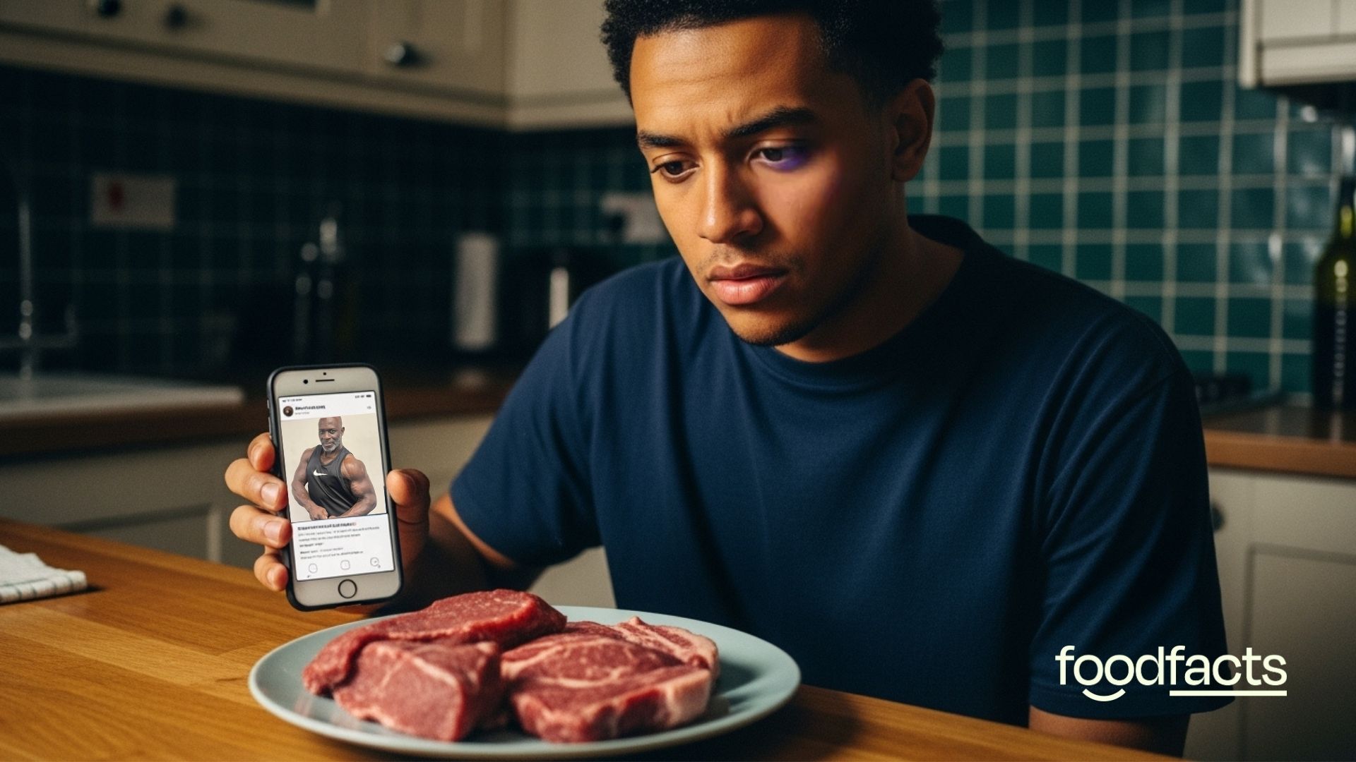 A young man stares at a plate of red meat, he has been told by Eddie Abbew on social media that eating raw meat is good for him, but he is unsure. 