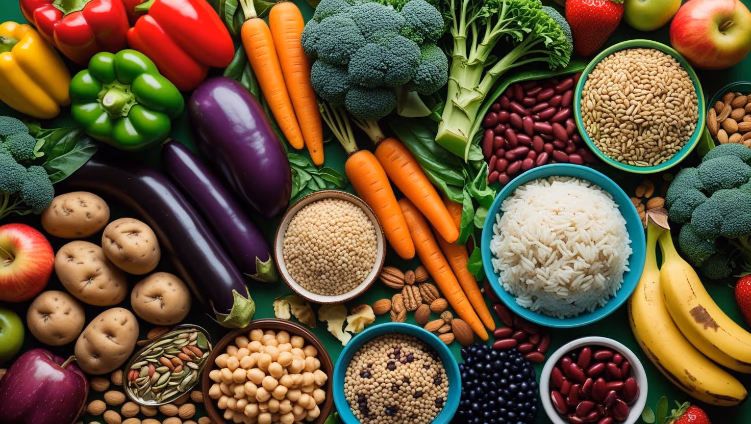 A range of fruits, vegetables, and grains