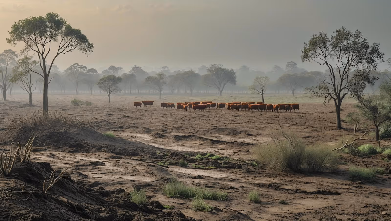 Cows can be seen in a desolate field