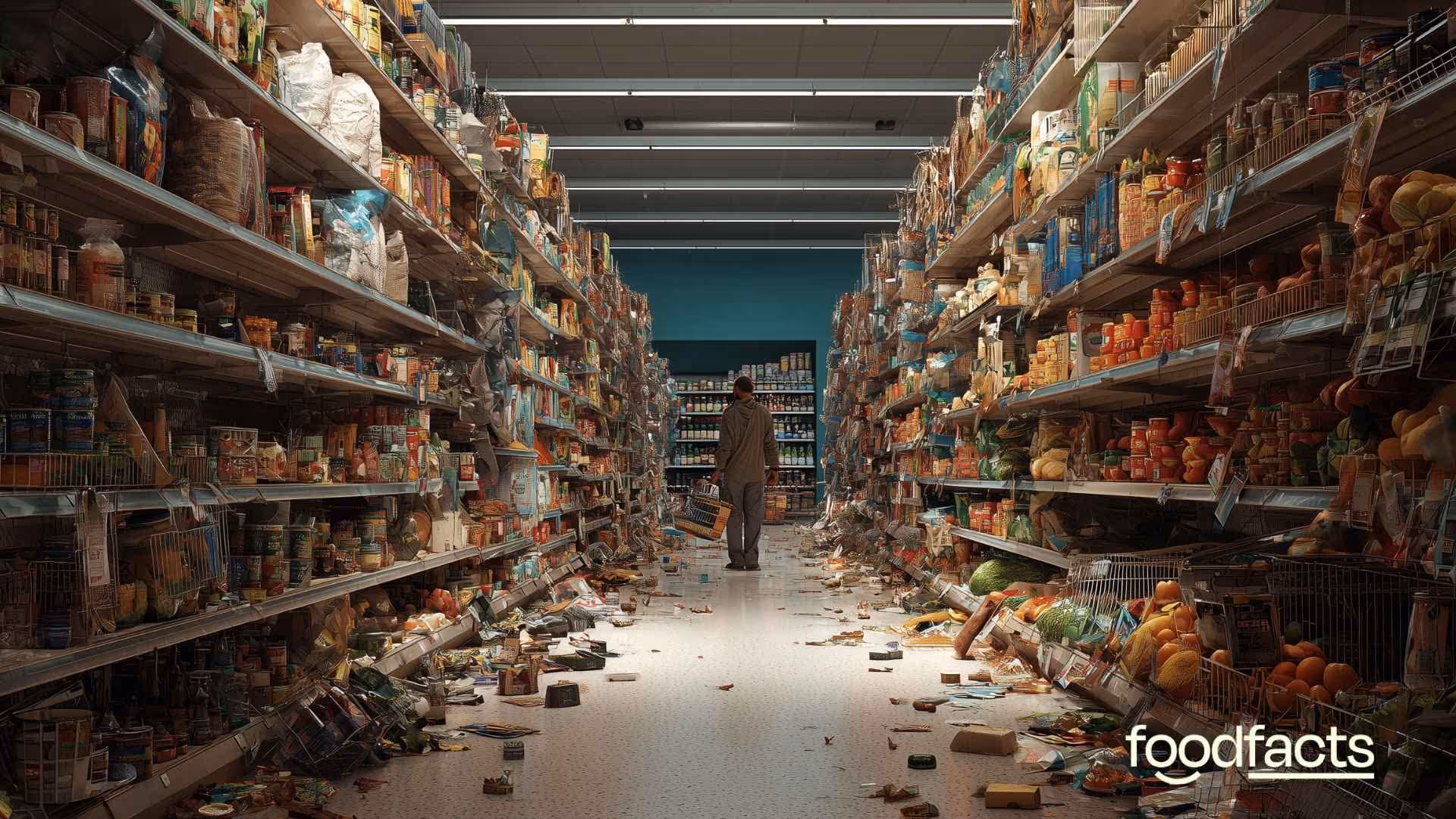 A person stands in between aisles in a grocery store. One aisle is empty, whereas the other is overflowing with food.