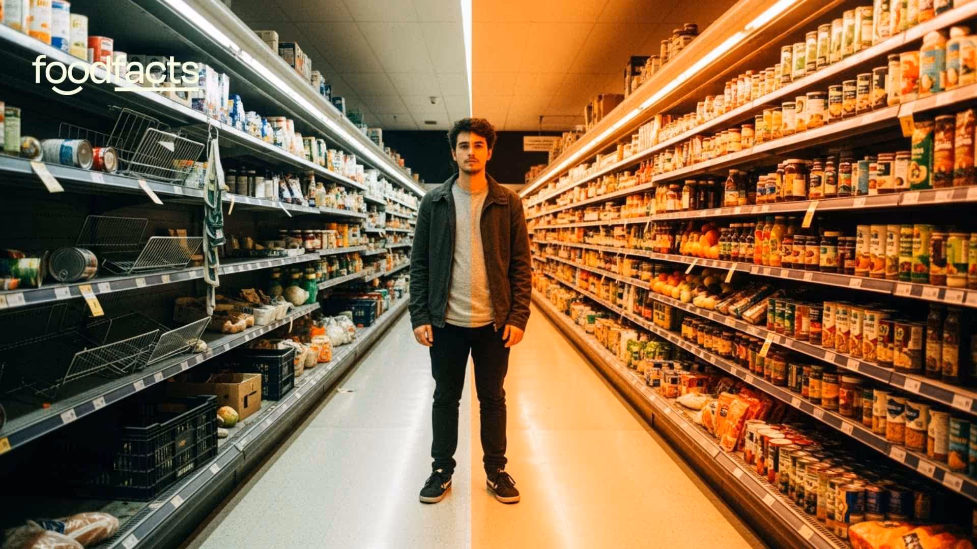 A person stands in between aisles in a grocery store. One aisle is empty, whereas the other is overflowing with food.
