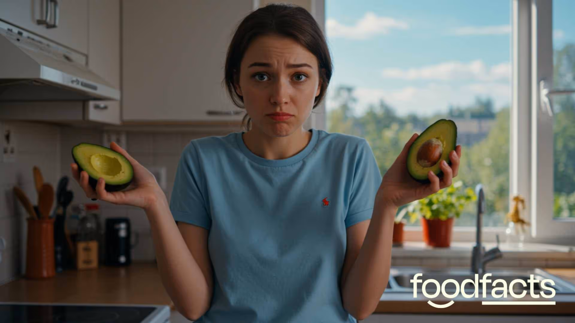 A man holds an avocado in his hands, looking slightly puzzled, unsure as to whether eating avocados destroys the planet