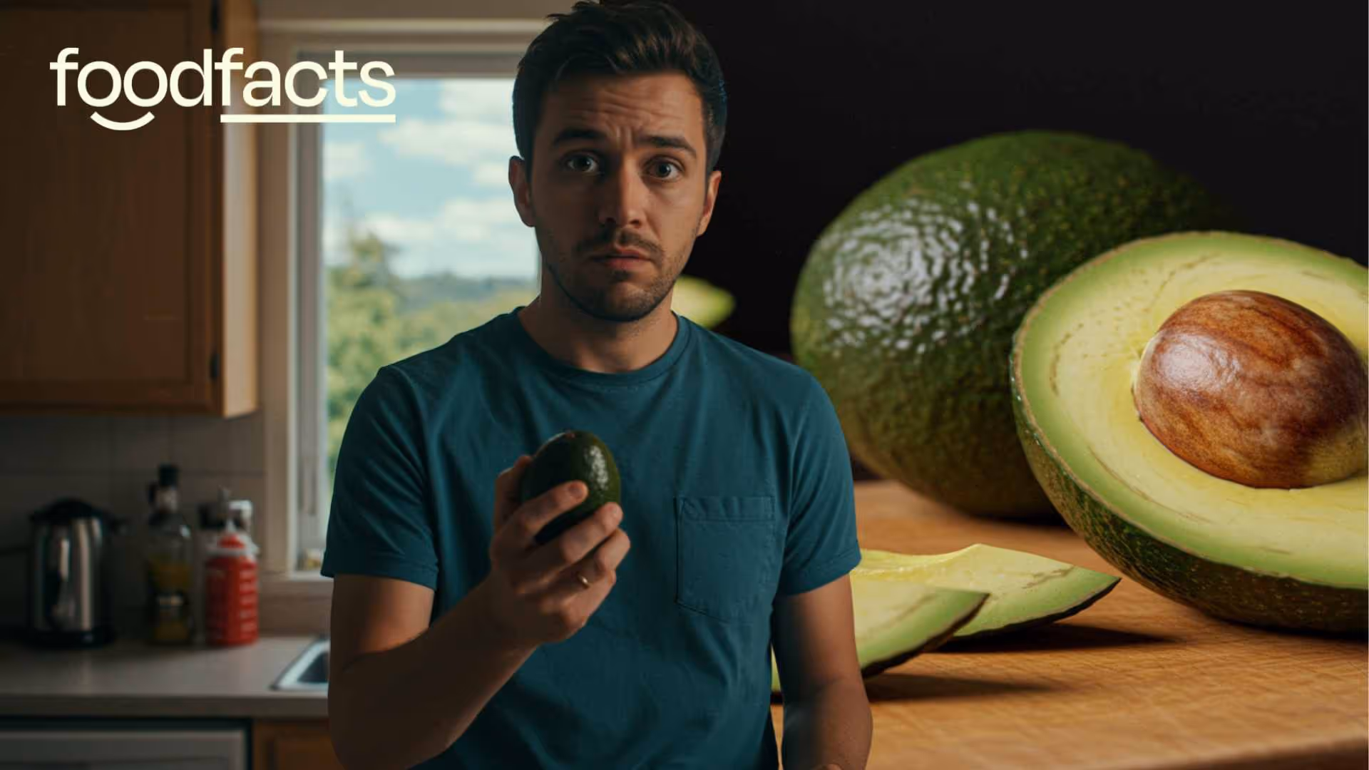 A man holds an avocado in his hands, looking slightly puzzled, unsure as to whether eating avocados destroys the planet