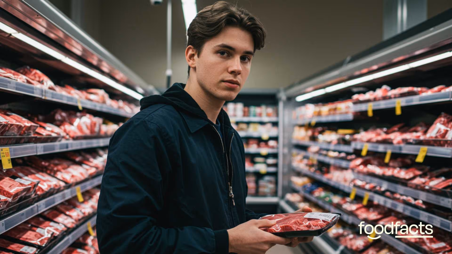 A young man holds a pack of raw red meat. He asks himself "Is red meat a health food?"
