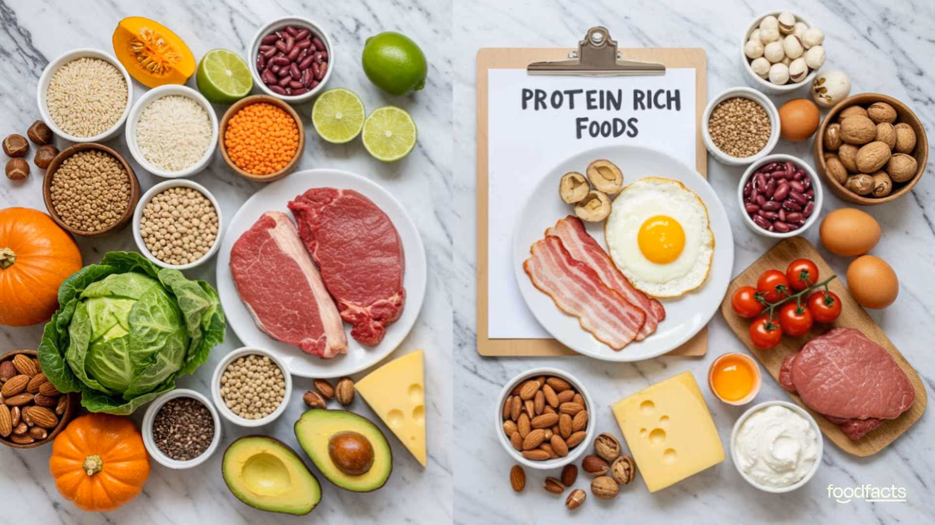 A visually split flat-lay of diverse food items on a marble surface, comparing plant-based foods on the left—such as fruits, legumes, rice, and vegetables—with animal-based foods on the right—like eggs, bacon, cheese, and meat. At the center is a plate with both types of foods divided down the middle, symbolizing the debate. A clipboard on the right lists protein-rich foods. This image supports the article's exploration of Paul Saladino’s critiques of plant-based diets in relation to longevity, and FoodFacts.org’s fact-checking of those claims through nutritional science.