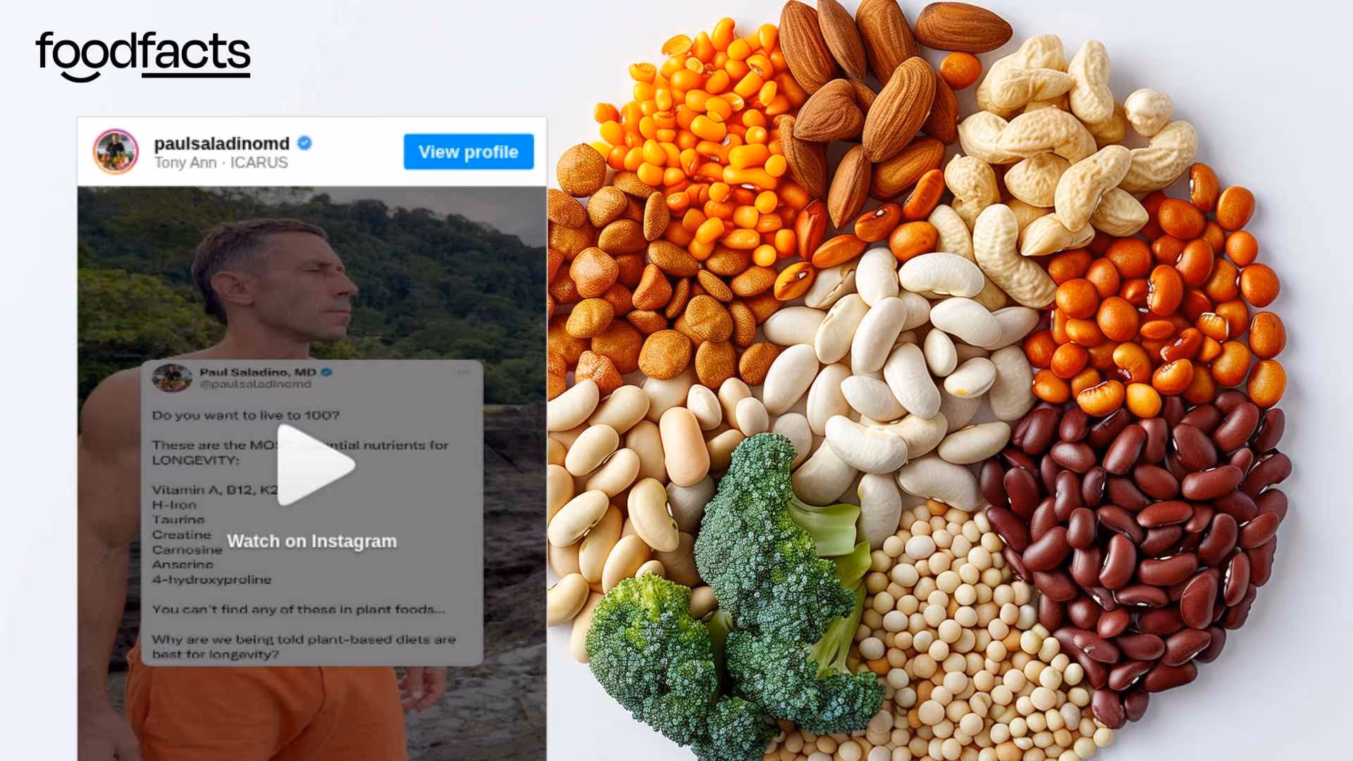 A visually split flat-lay of diverse food items on a marble surface, comparing plant-based foods on the left—such as fruits, legumes, rice, and vegetables—with animal-based foods on the right—like eggs, bacon, cheese, and meat. At the center is a plate with both types of foods divided down the middle, symbolizing the debate. A clipboard on the right lists protein-rich foods. This image supports the article's exploration of Paul Saladino’s critiques of plant-based diets in relation to longevity, and FoodFacts.org’s fact-checking of those claims through nutritional science.