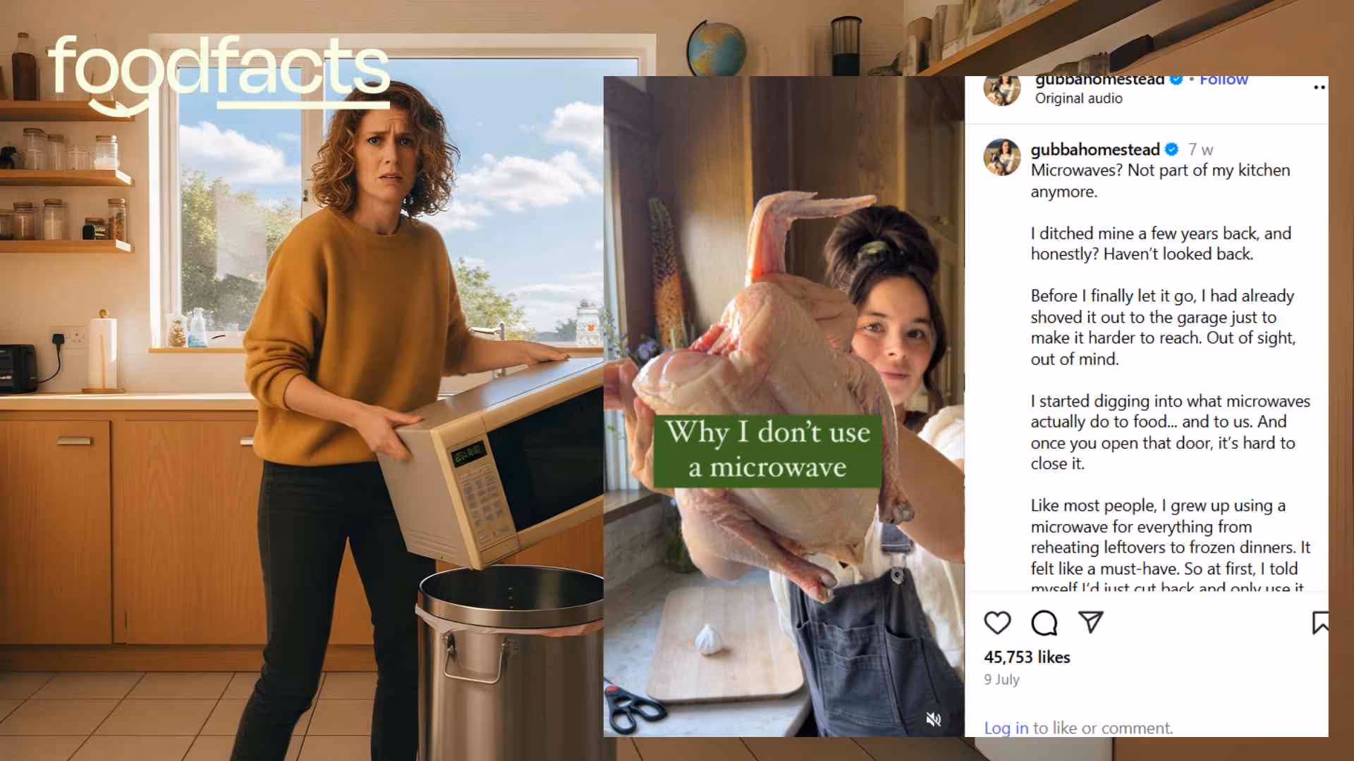 A person stands in their kitchen, holding their microwave over their bin, about to throw it away. This represents the confusion surrounding the perceived dangers of using a microwave to cook food. This article debunks those perceptions.