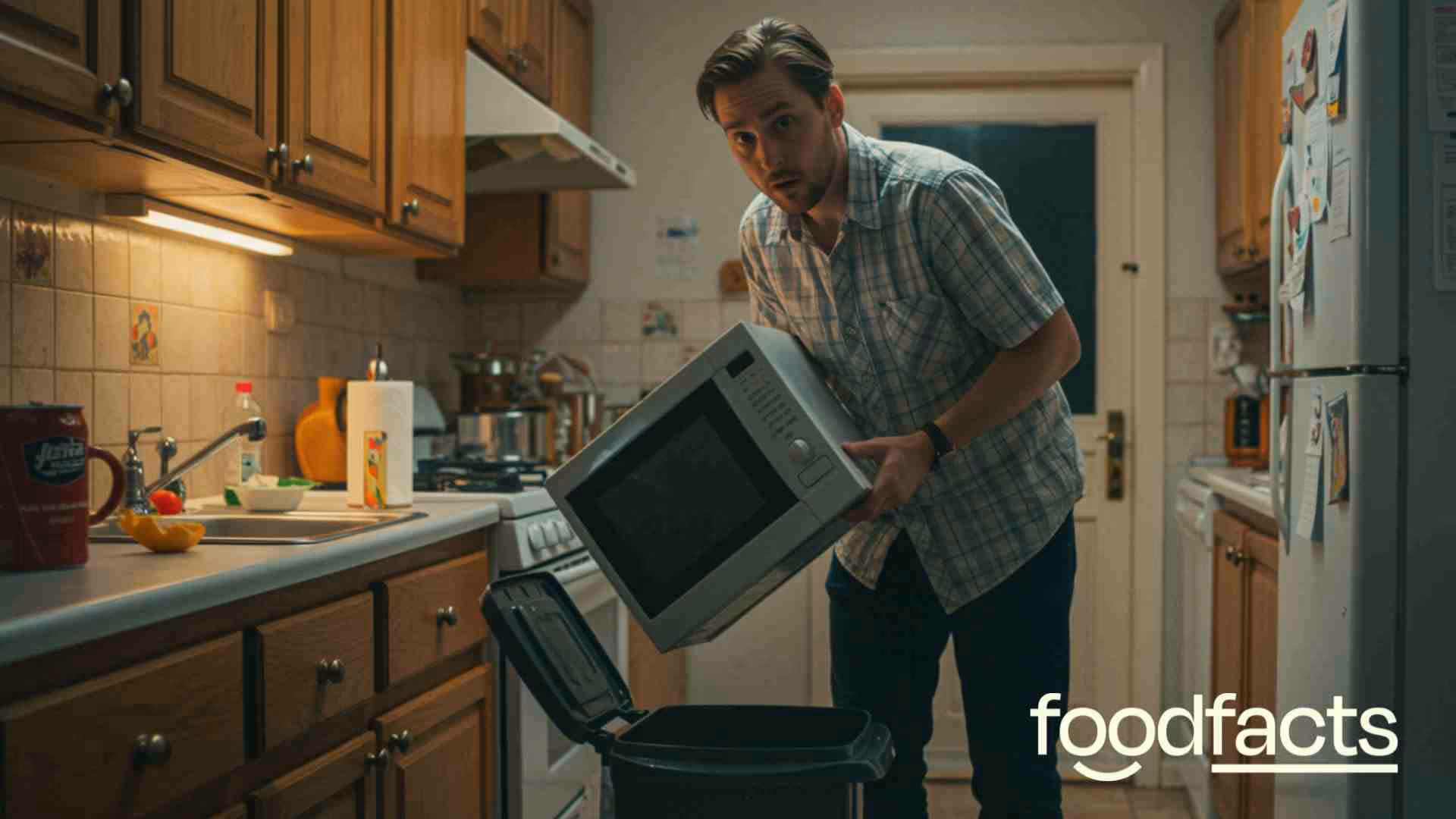 A person stands in their kitchen, holding their microwave over their bin, about to throw it away. This represents the confusion surrounding the perceived dangers of using a microwave to cook food. This article debunks those perceptions.