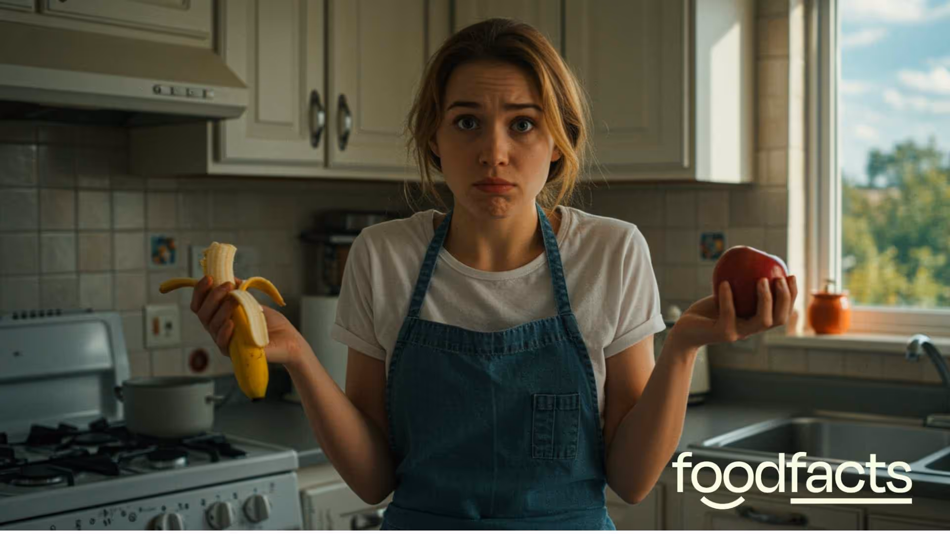 A woman holds a piece of fruit in her hand, looking suspicious. She is suspicious due to the varying information about blood glucose spikes, which this article explores.
