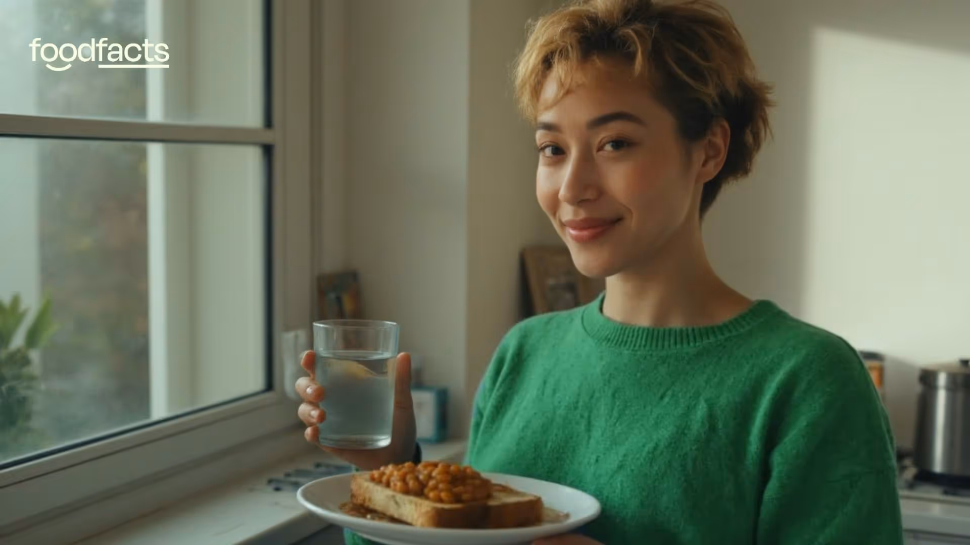 A person is holding a plate of beans and toast and a glass of water, alluding to the benefits of drinking water to help people increase fibre intake.