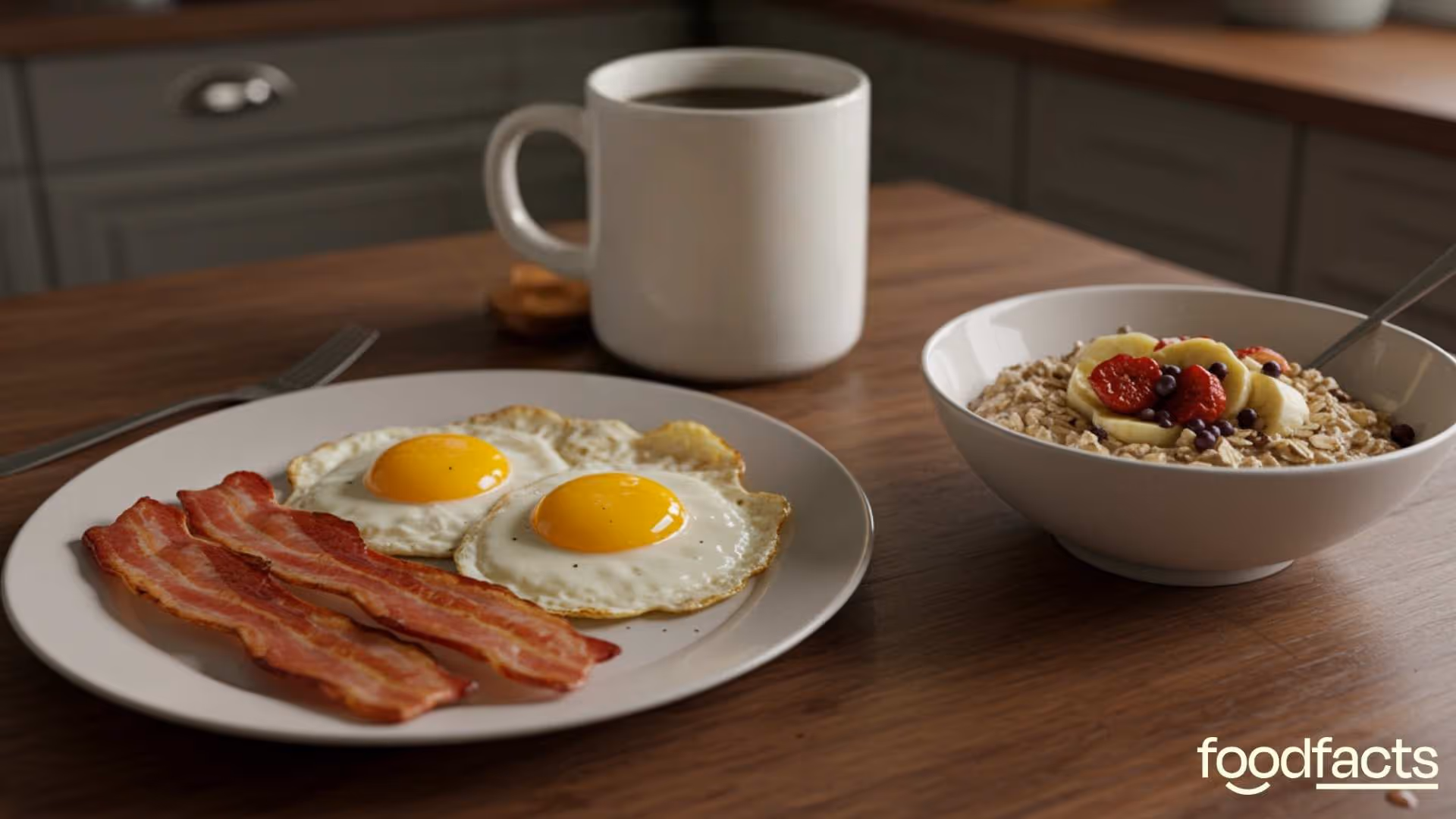 A woman holds a chicken leg and a packet of pasta, comparing the claimed benefits of animal products to manage type-2 diabetes.