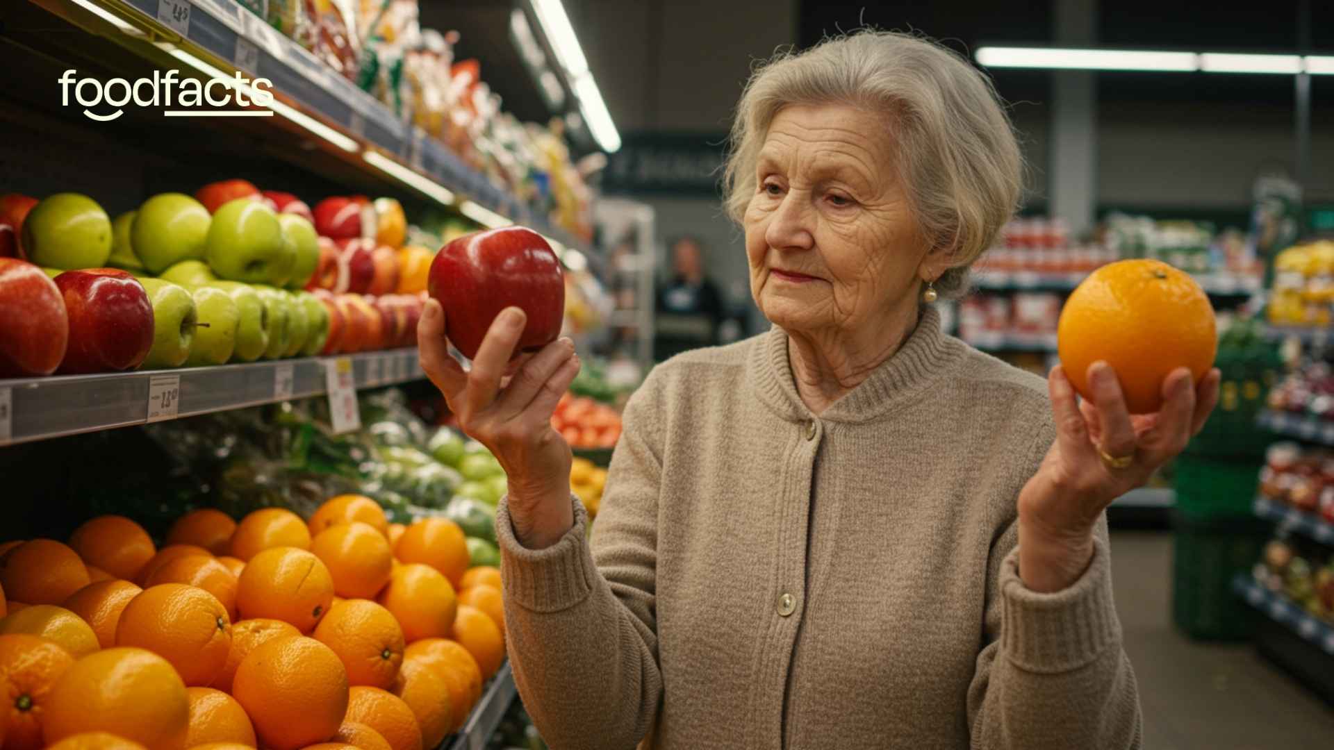 A person compares an apple to an orange, signifying how analogies can be used to shape nutrition debates