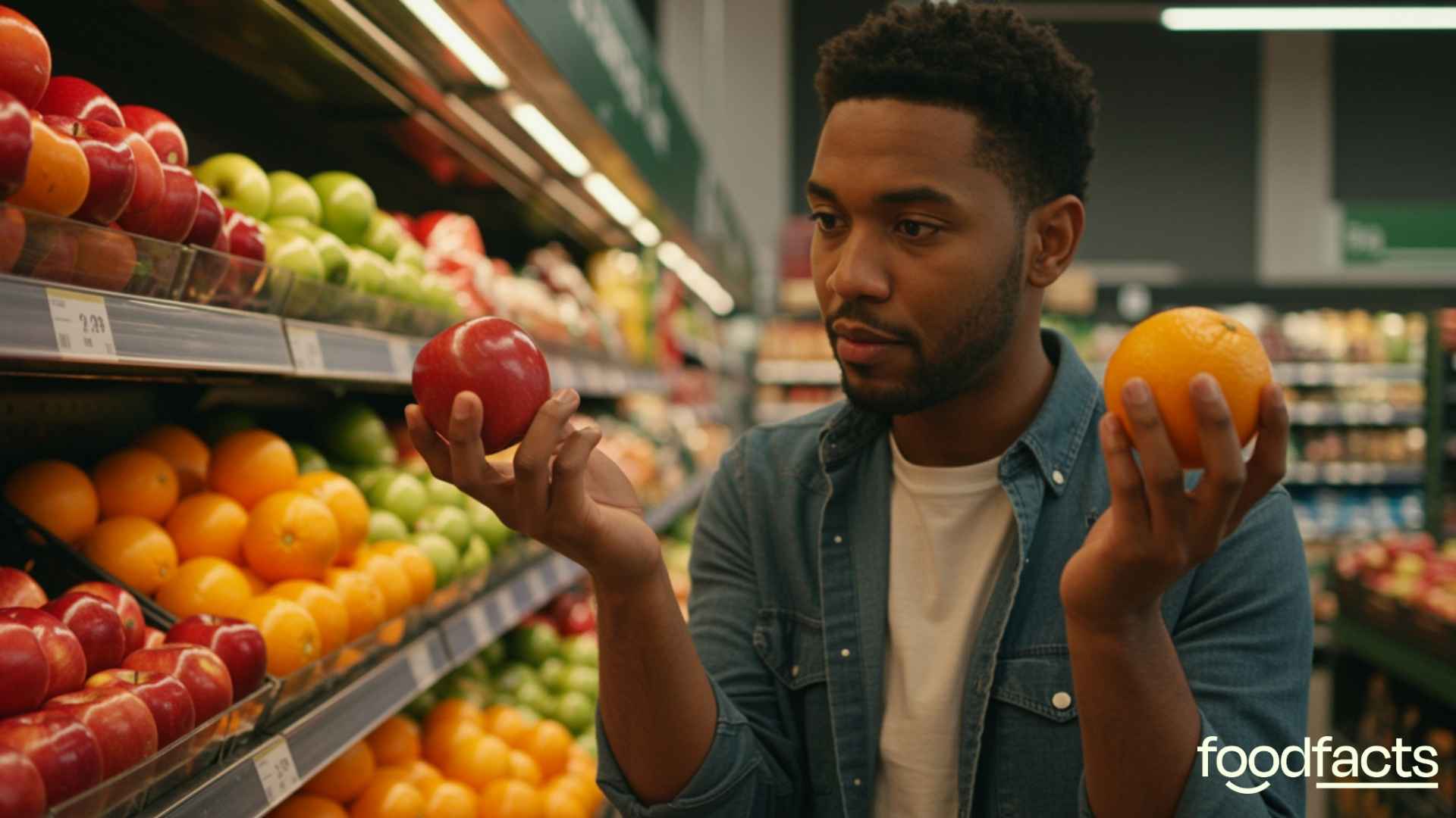 A person compares an apple to an orange, signifying how analogies can be used to shape nutrition debates