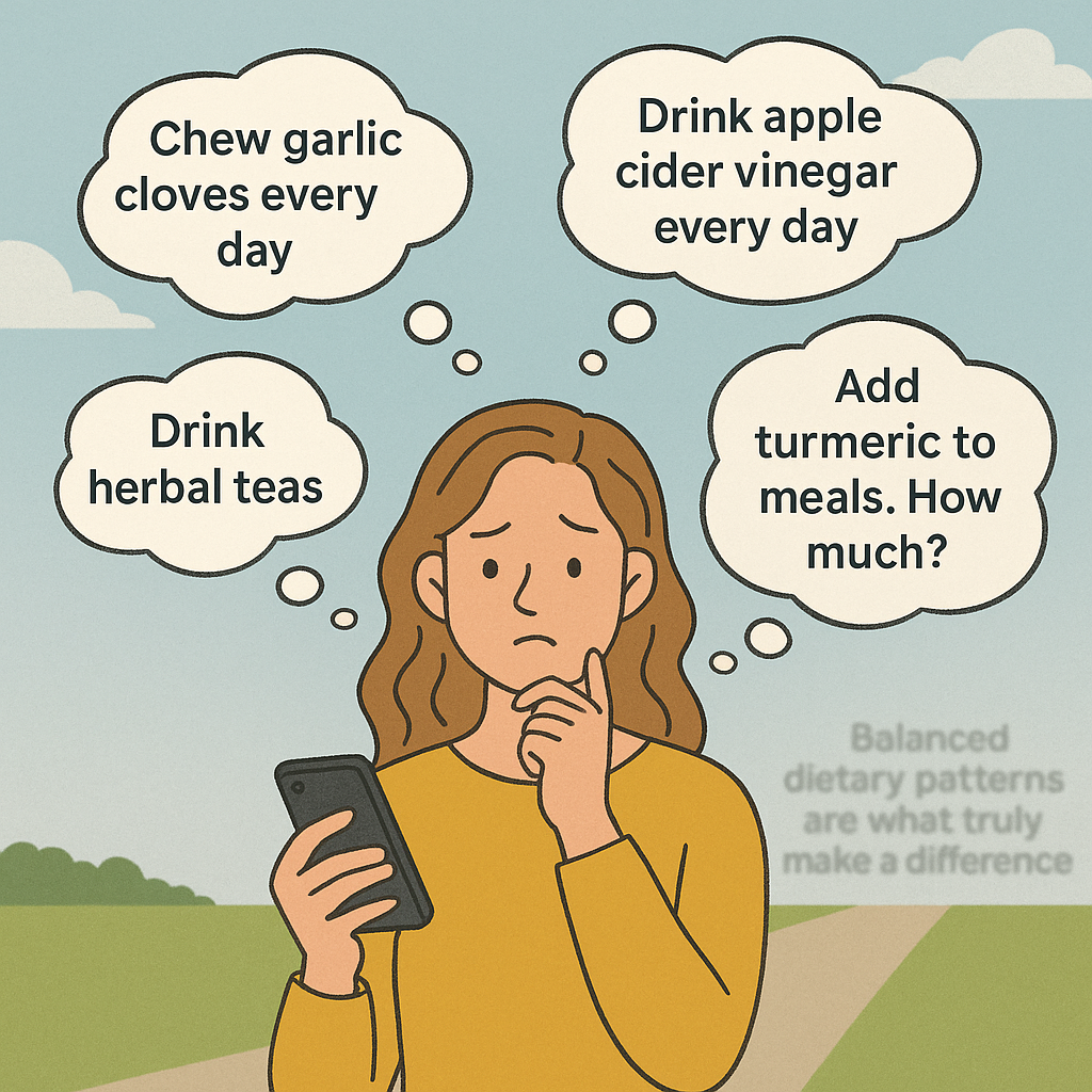 A graphic showing a woman being confused by social media claims about single-ingredient health benefits