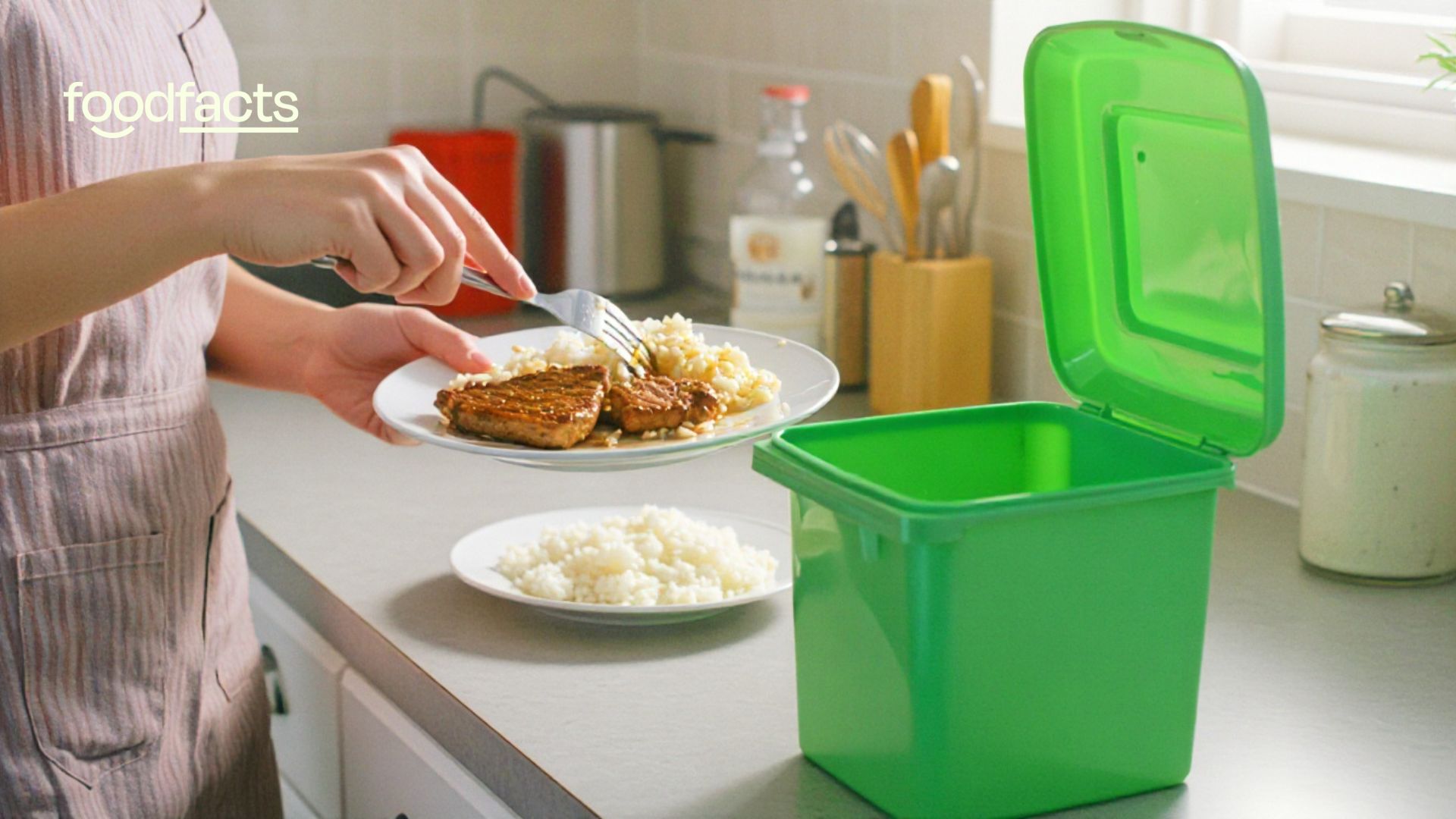 A person scrapes some food into a bin.