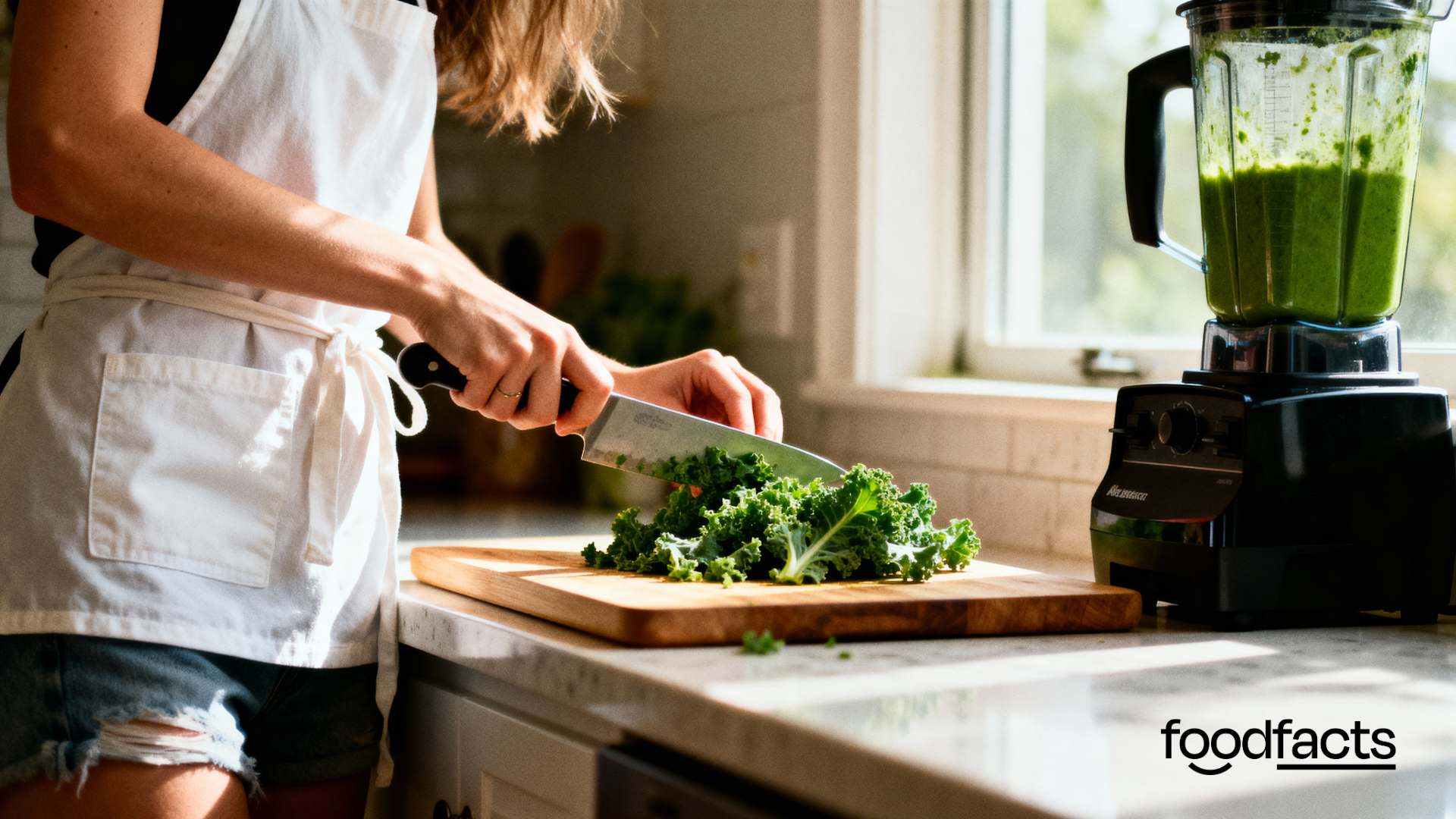 A person prepares a green juice, filled with food that are alkaline. This represents the claims that alkaline foods are beneficial for human health.
