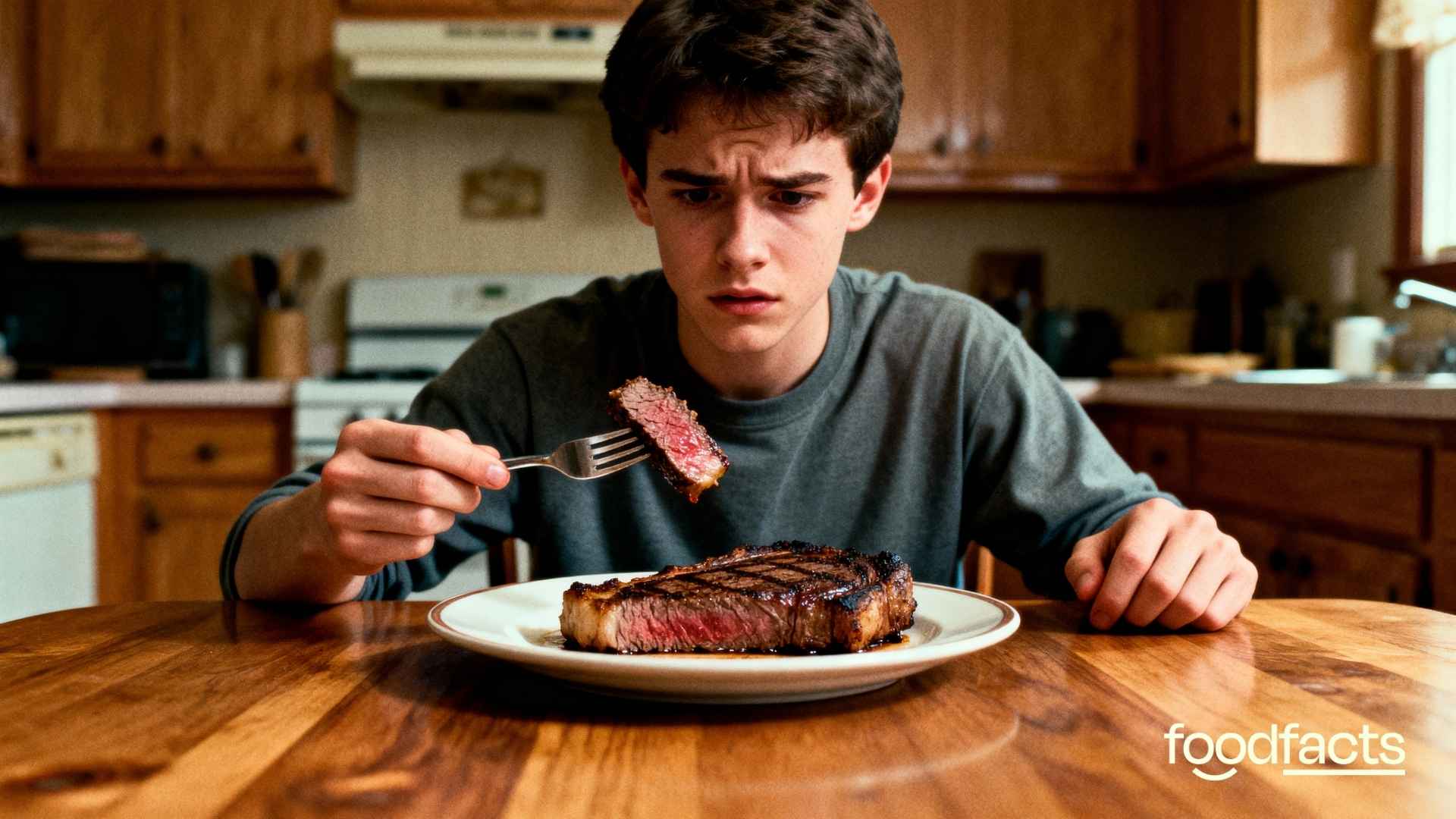 A person looks at a steak with a confused looks, trying to detemine whether the lab-grown meat is made from cancer cells.