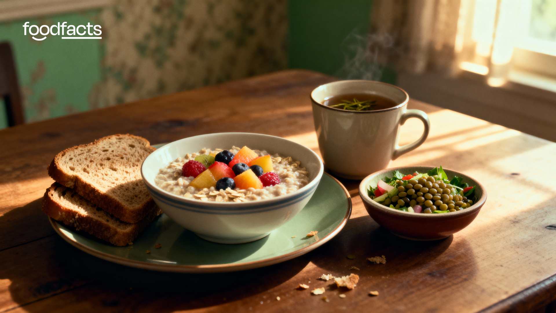A photorealistic 1920x1080 image of a cozy breakfast table in soft morning light, styled with a subtle grainy texture and a 90s color tone. The foreground shows a bowl of oatmeal with colorful fruit, wholegrain toast on a pink plate, a small bowl of small pui lentil salad, and a cup of coffee or herbal tea on a wooden table. The setting features gentle golden-hour side lighting, muted warm colors, and faint green accents. The background is softly blurred with vintage details like textured wallpaper and sunbeams through a window, evoking a nostalgic, comfortable kitchen atmosphere. Add a soft film grain for realism and warmth—food arranged naturally, not perfect. Minimal imperfections like crumbs or uneven slices for authenticity. If adding text: ” Overall mood is inviting, understated, and quietly wholesome, channeling the feel of a 1990s food magazine.