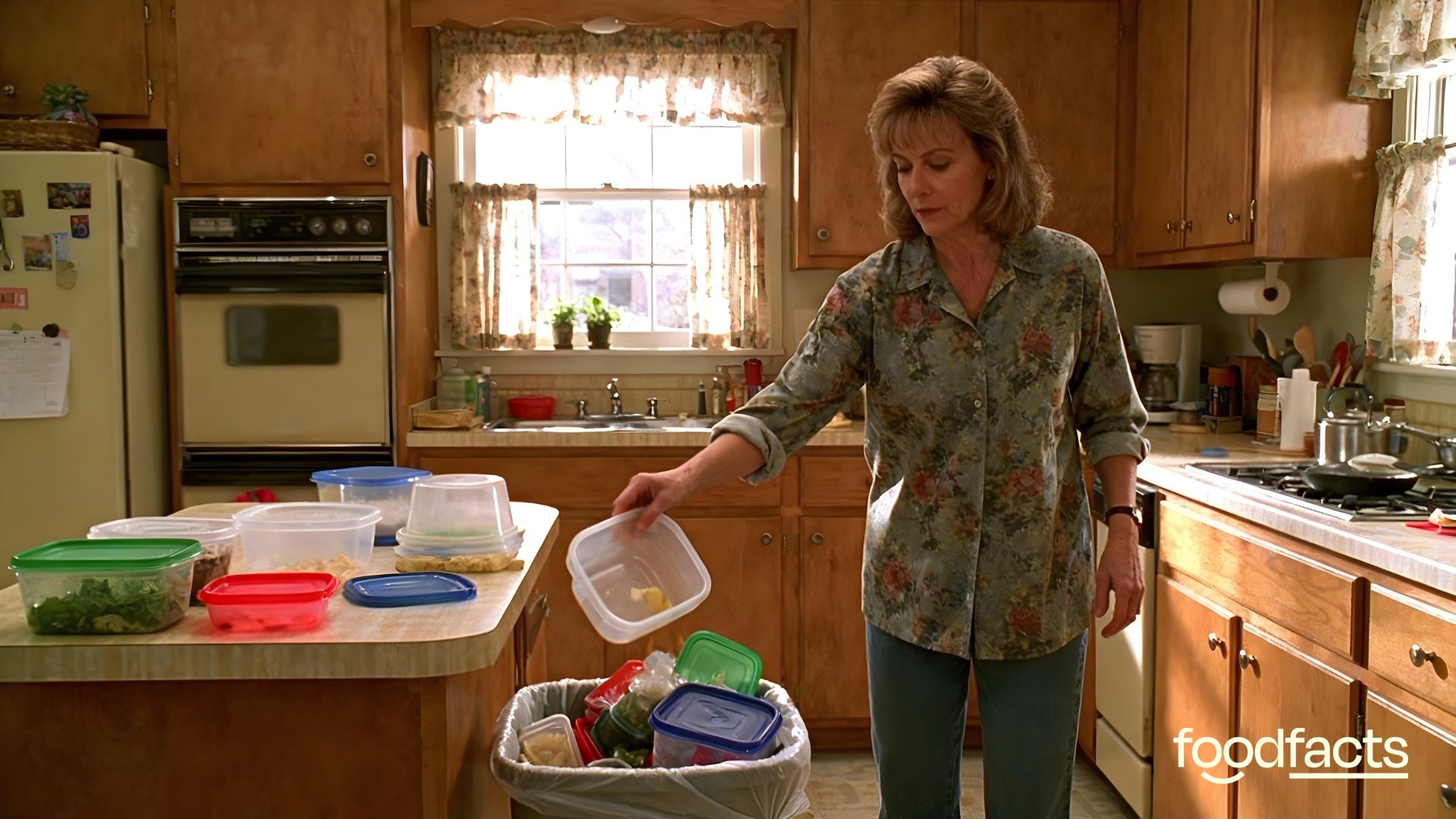 A person stands in a kitchen between different sets of kitchen equiptment. Some equiptment is plastic, the other is metal or wooden, signifying the conversation about the risks of using plastic cooking utensils.