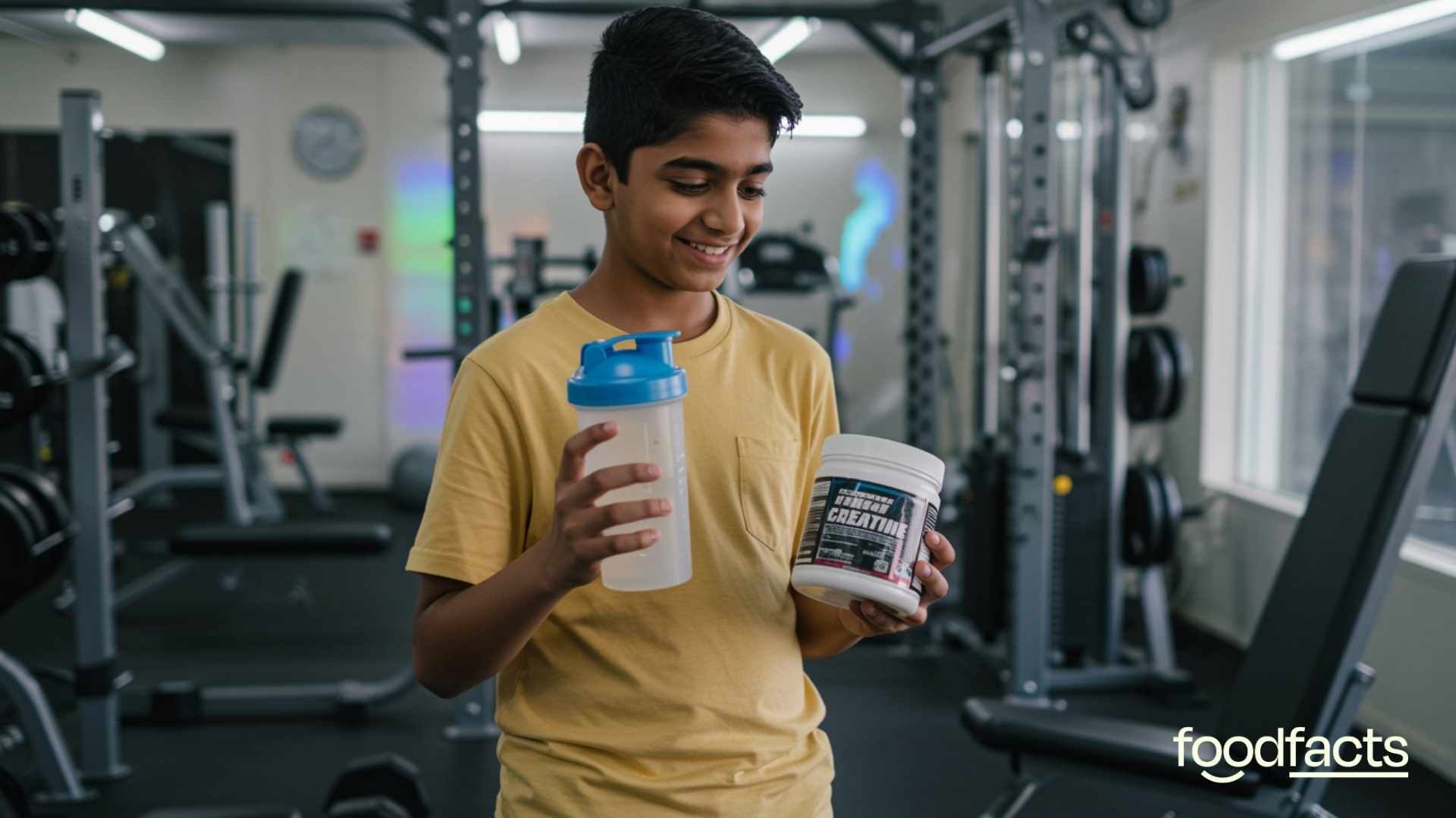 A teenage boy holds a shaker bottle of creatine and water. He is standing inside of a gym. This image highlights the high prevalence of creatine use amongst teenagers.