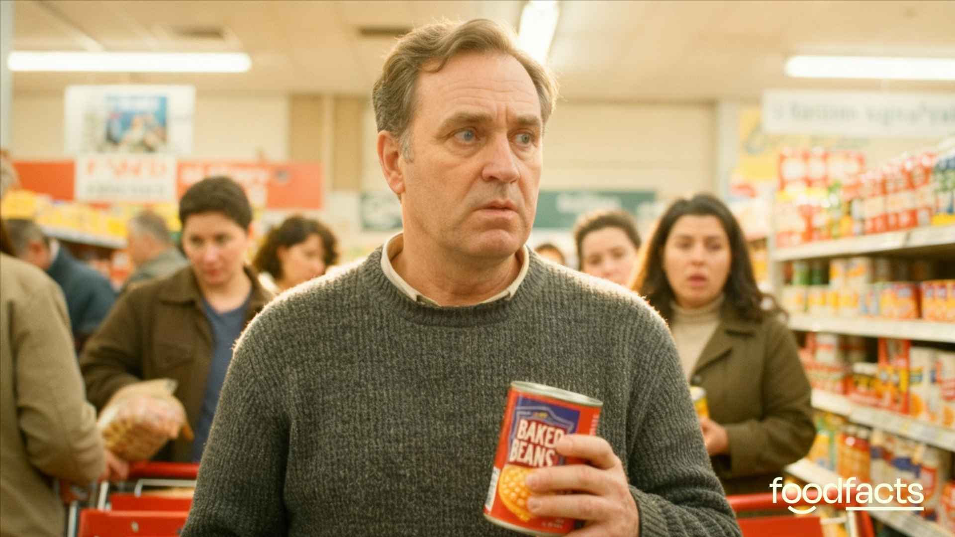 A person holds a tin of baked beans in their hand, looking shocked and confused upon hearing that they may be unhealthy.