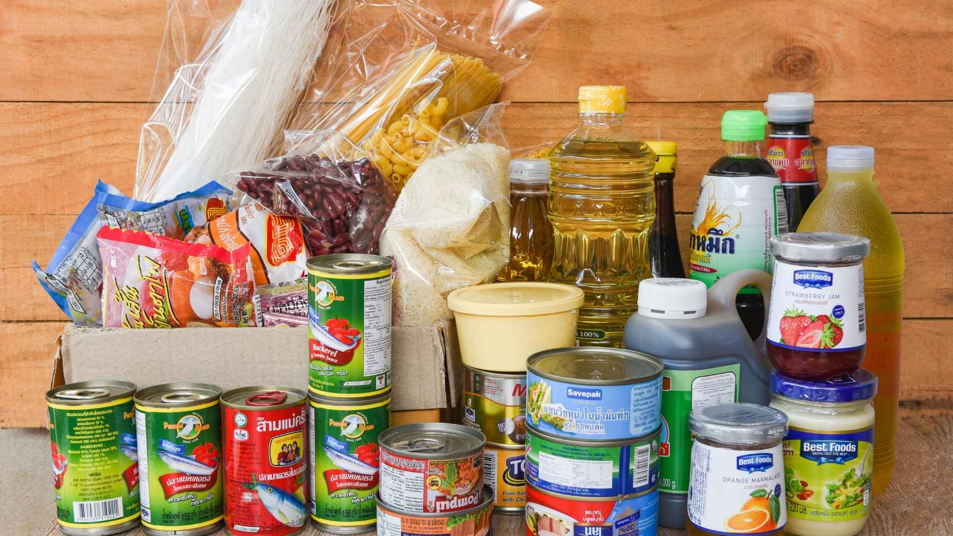 A range of packaged food in a box