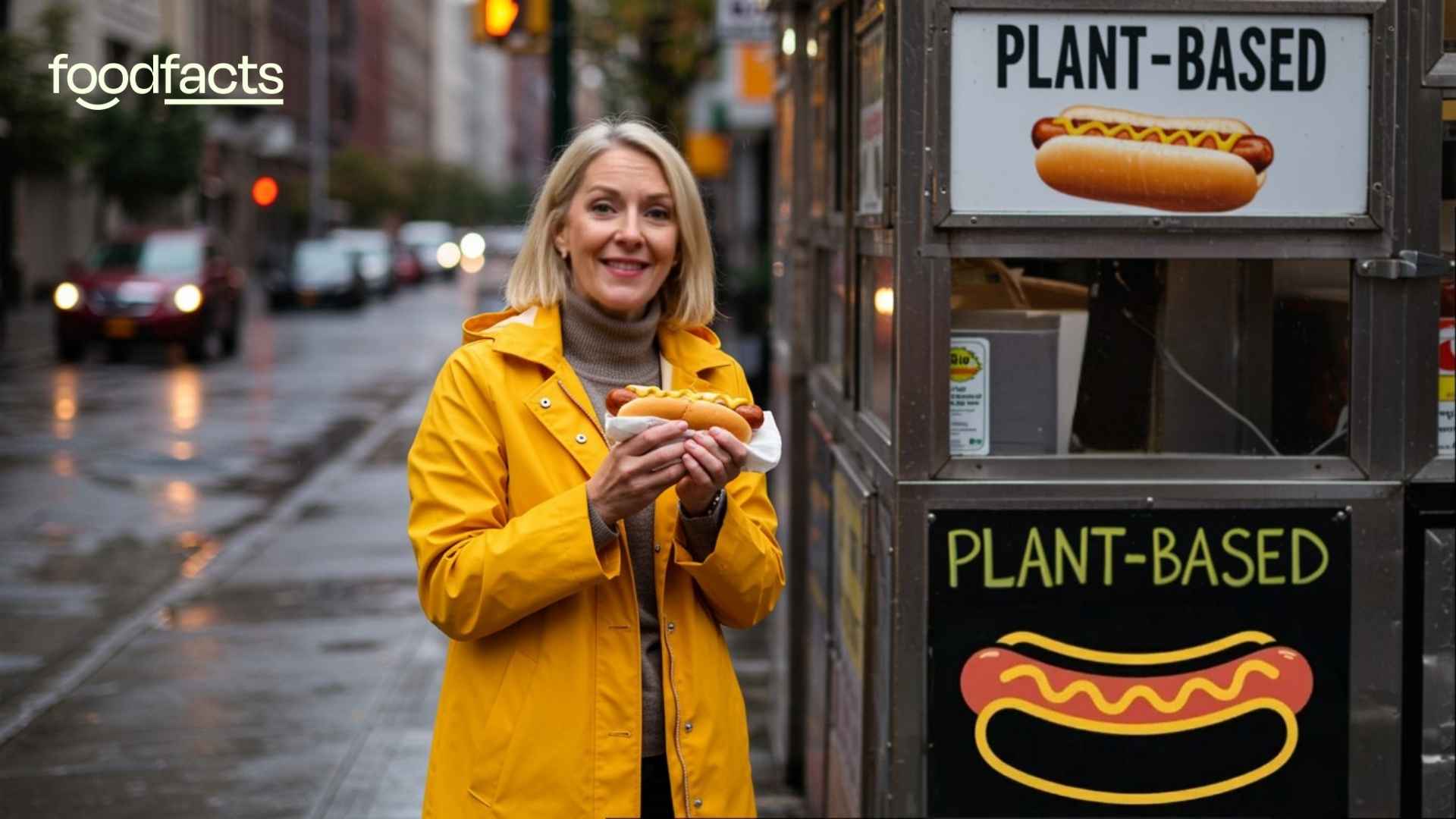 A person stands next to a hot dog stand holding a hot dog in their hands. There is a sign on the hot dog stand that reads "plant-based".