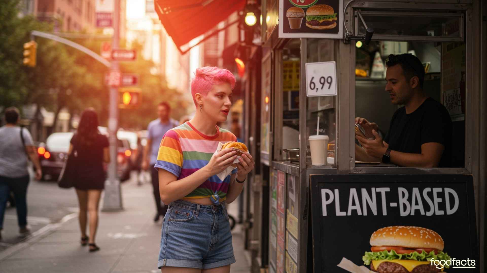 A person stands next to a hot dog stand holding a hot dog in their hands. There is a sign on the hot dog stand that reads "plant-based".