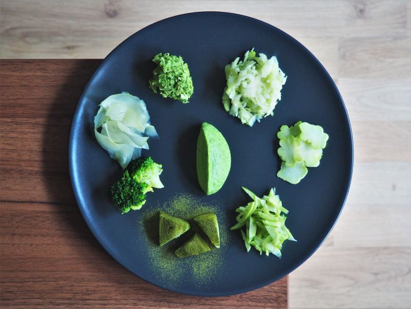 A plate with 7 different things someone can cook with different parts of a broccoli