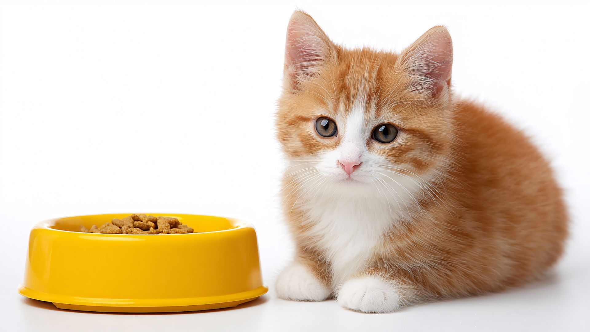A cute kitten sits next to a bowl of cat food