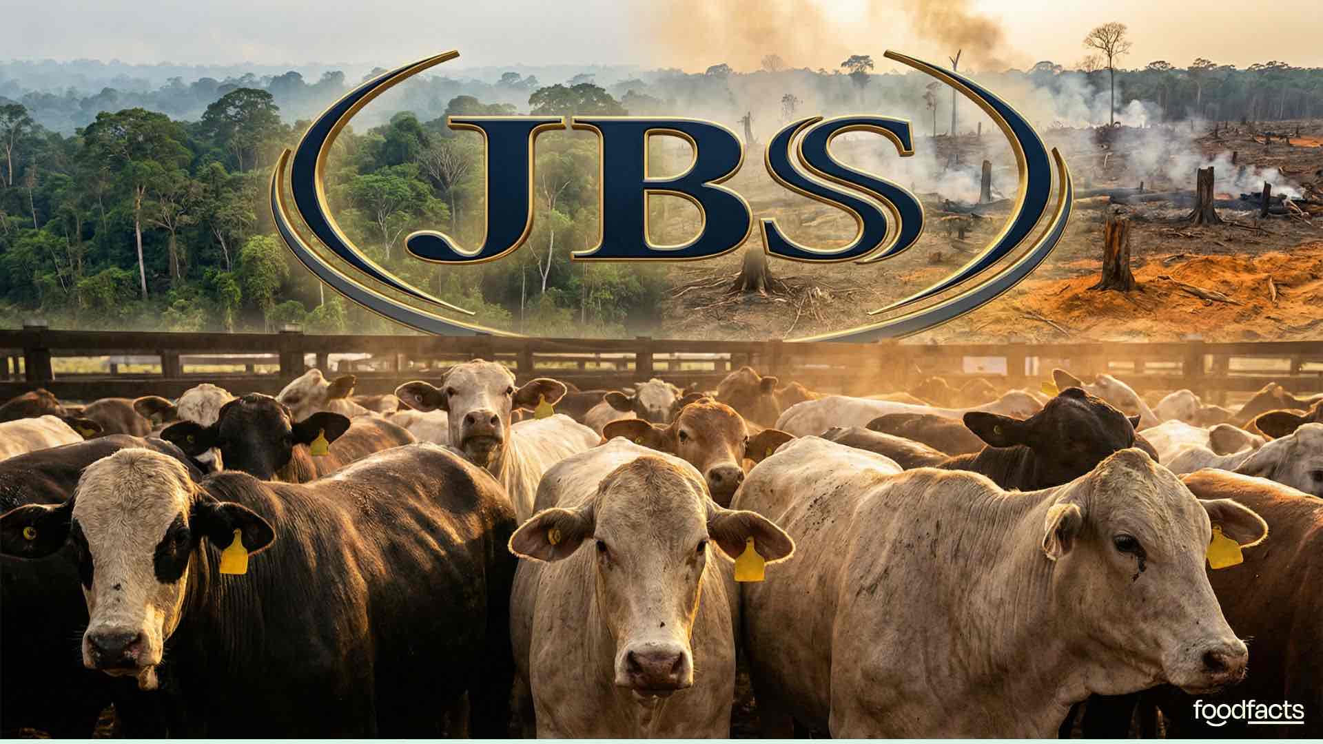 Investigative news-style thumbnail showing the official JBS logo looming large over a herd of beef cattle in the foreground, with some animals tagged and crowded together, while behind them a stark contrast landscape shows the Amazon rainforest on one side and a brutally deforested