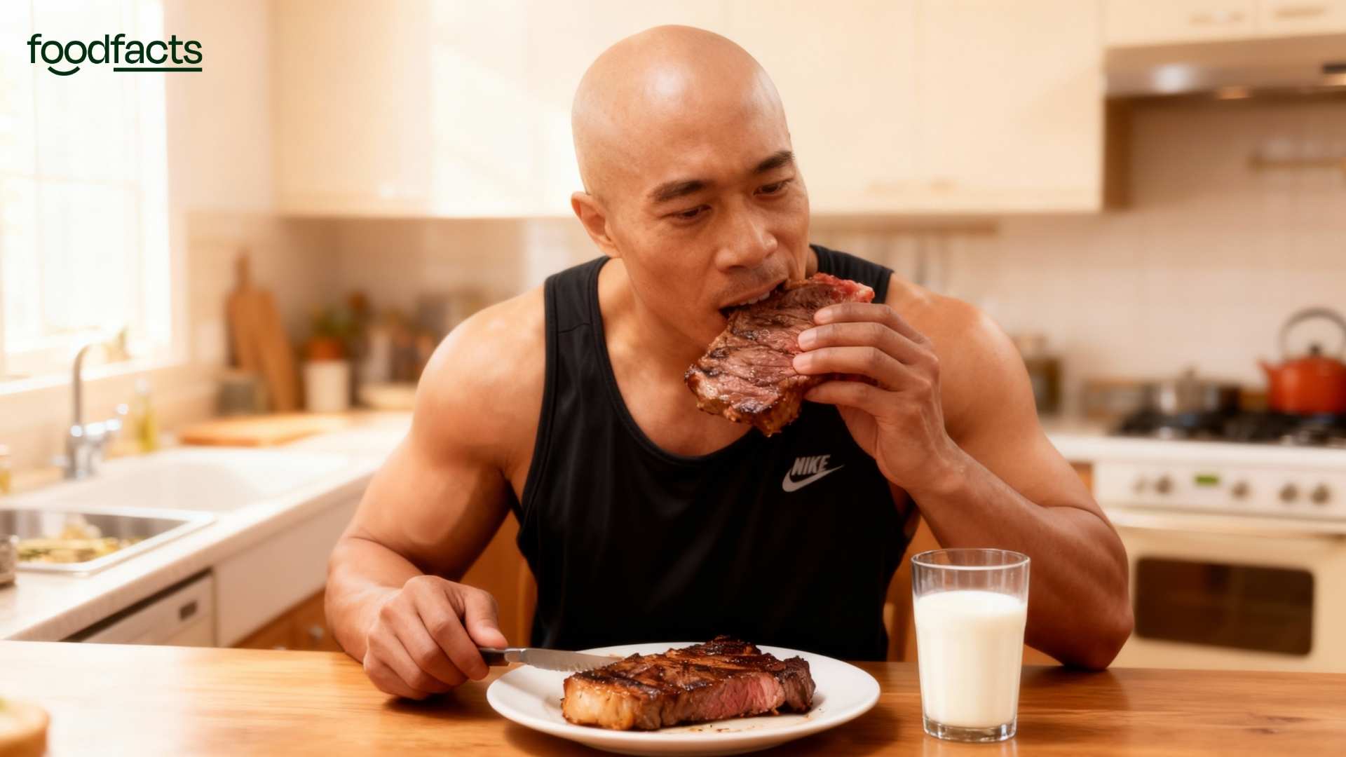 Illustration of a muscular man in a black tank top confidently holding a large plate of red meat while holding up his hand to reject scientific studies, heart health data, and a clipboard—symbolizing a dismissal of mainstream nutritional science. This image relates to Eddie Abbew’s controversial claim that eating only red meat for a month reduces inflammation and poses no health risks, despite scientific consensus to the contrary. Featured in FoodFacts.org’s analysis of misinformation around red meat and chronic disease risk.